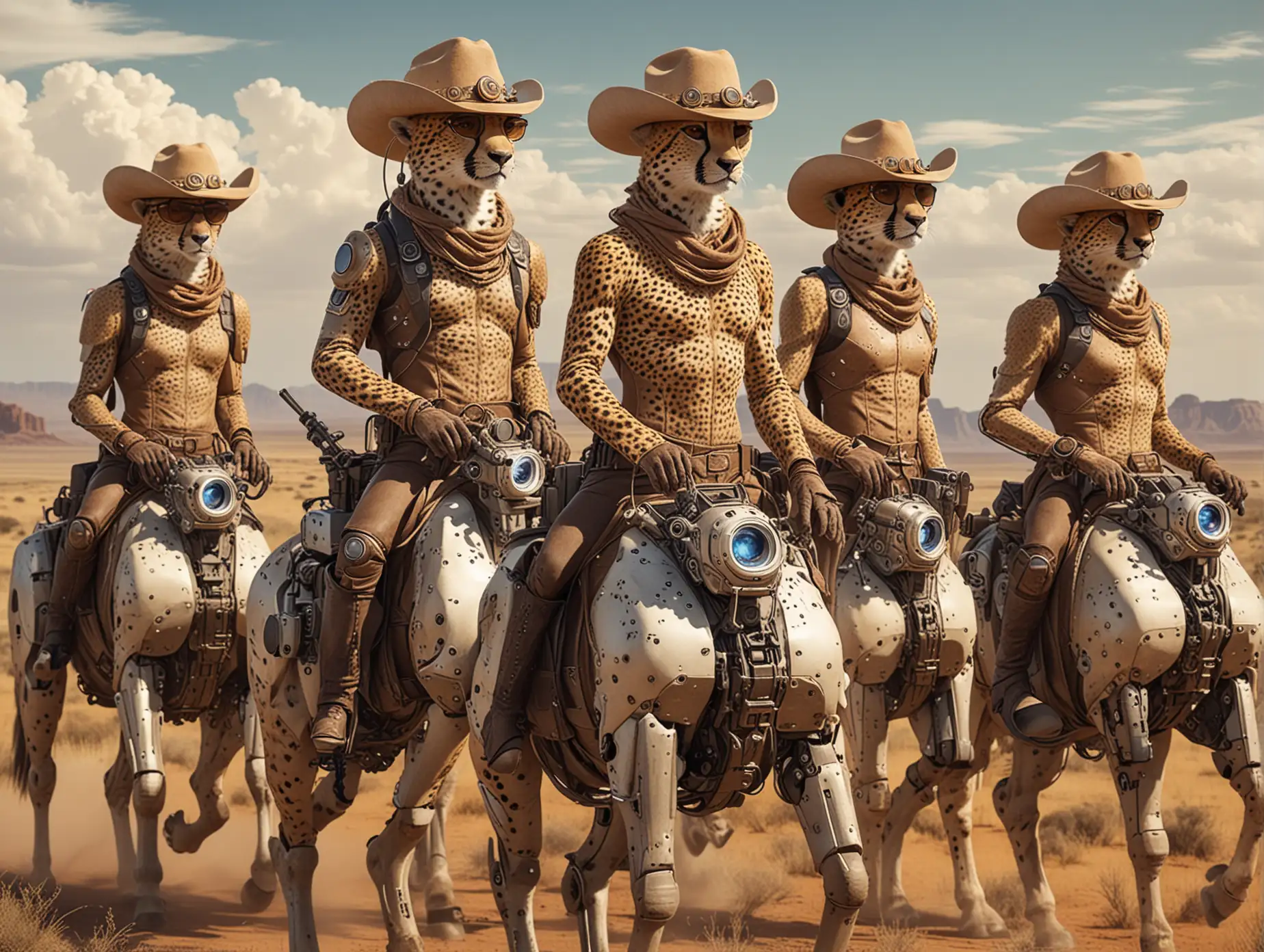 a futuristic group of cheetah-human cowboys with cowboy tech-hats and tech-binoculars on their head. They are riding on big robotic-tech-horses. The background is savanna with cyber lions.