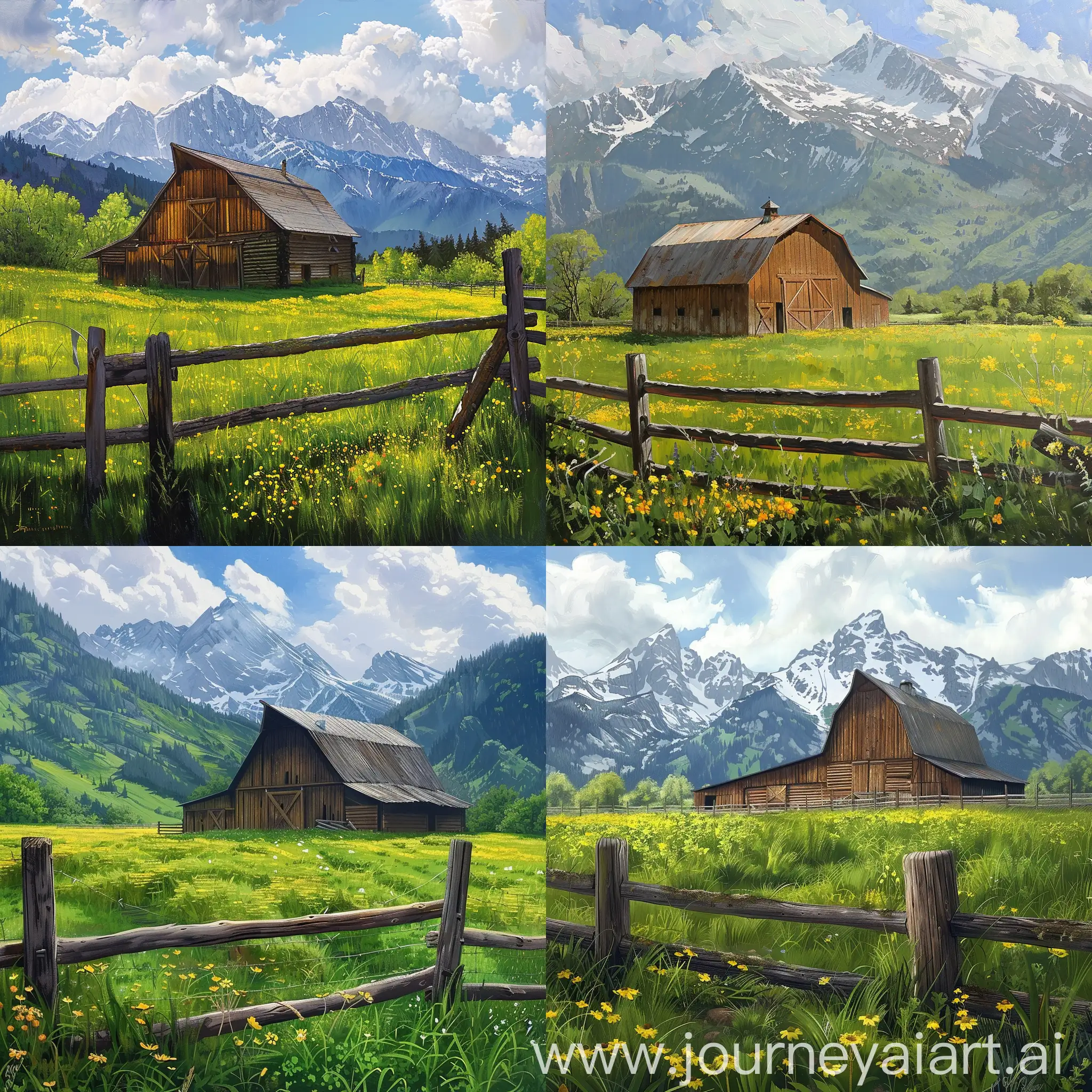 Tranquil-Rural-Scene-Wooden-Barn-in-Verdant-Field-with-Mountains-and-Wildflowers