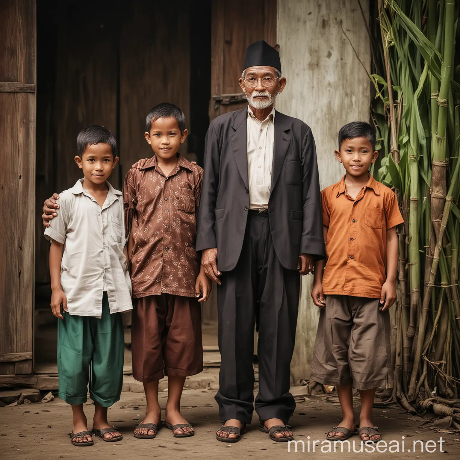 a Javanese grandfather with CHILDREN with humble Indonesia Java