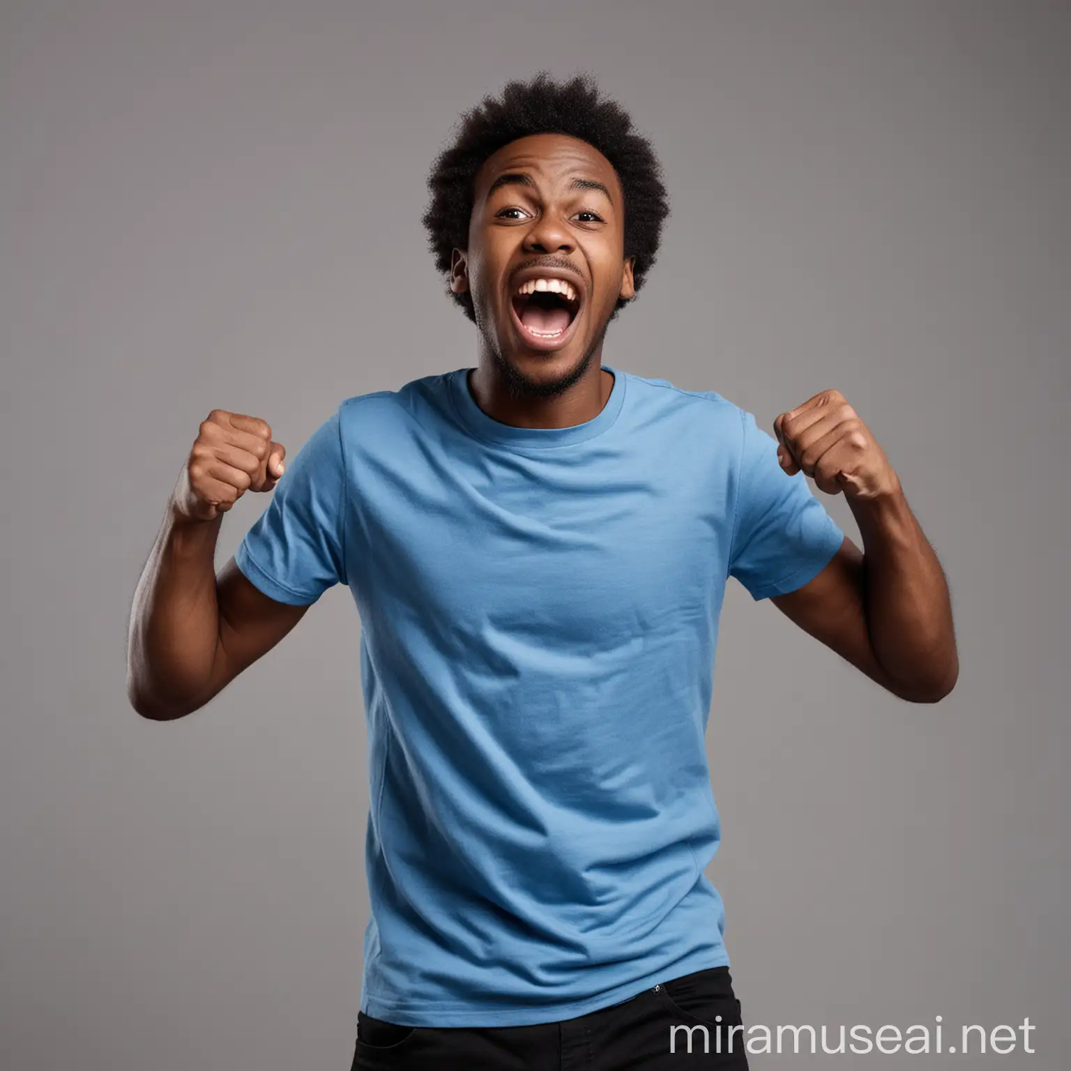 Ultra Happy African young man Putting on blue t-shirt and black pants , standing against gray space , screaming yes ,overjoyed, facing camera