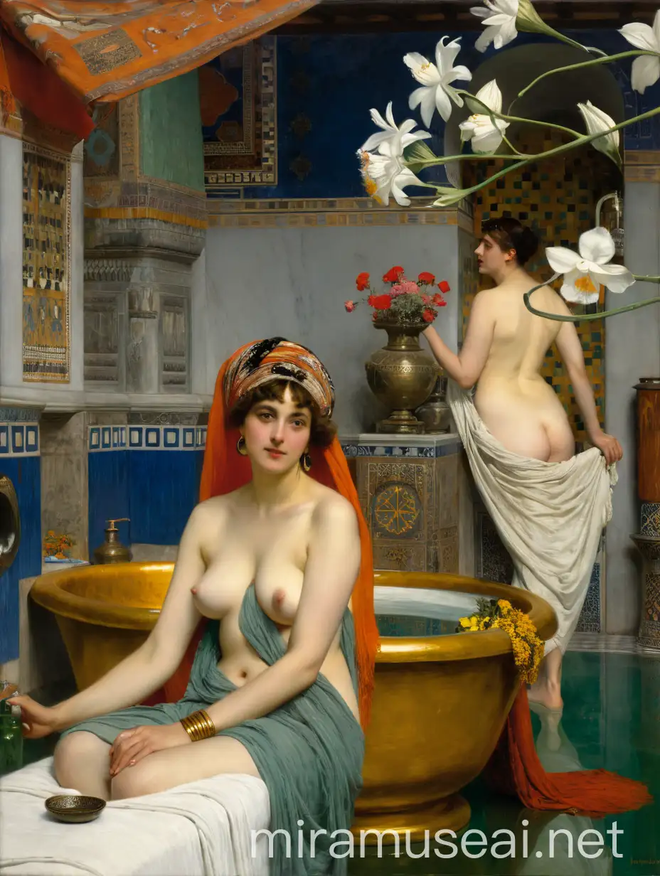 Naked Odalisque Bathing in a Turkish Bath with an Old General and Artists