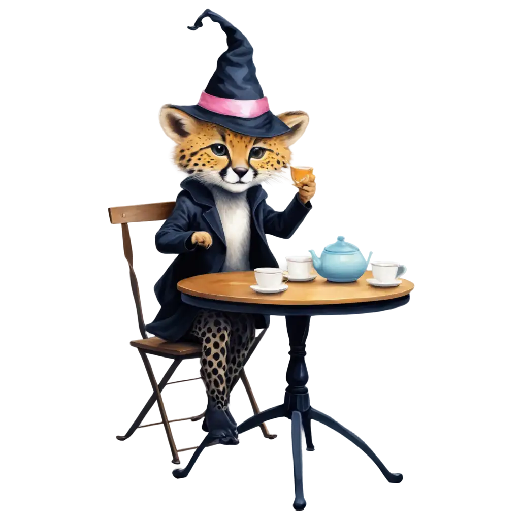 Witchy Tea Time: Illustrate the baby cheetah sitting at a tiny table with a teapot and cups, wearing a witch hat, while a witch pours tea for them both, surrounded by magical teatime treats.

