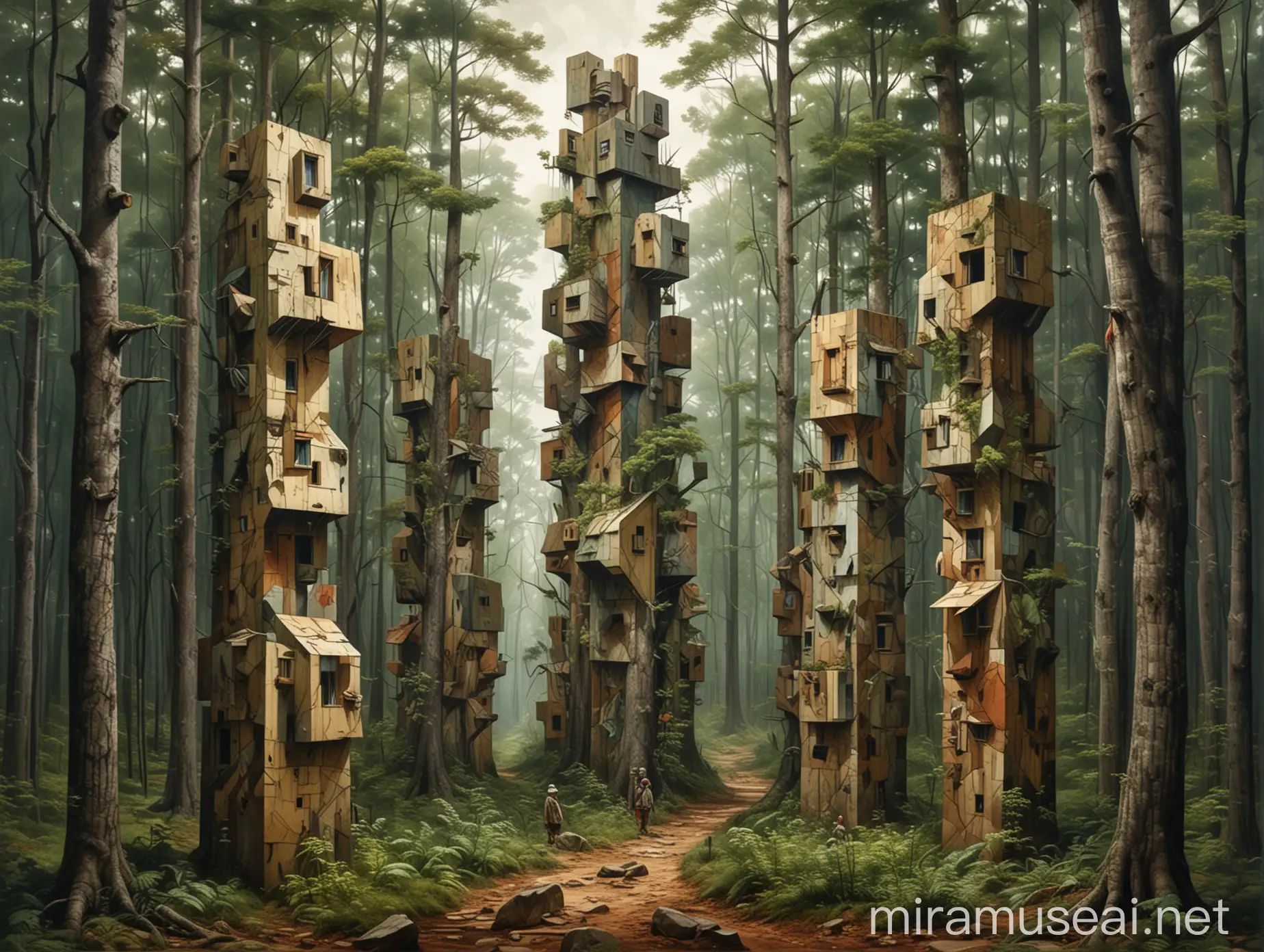 Cubism of wild people and towers that occupy the forest