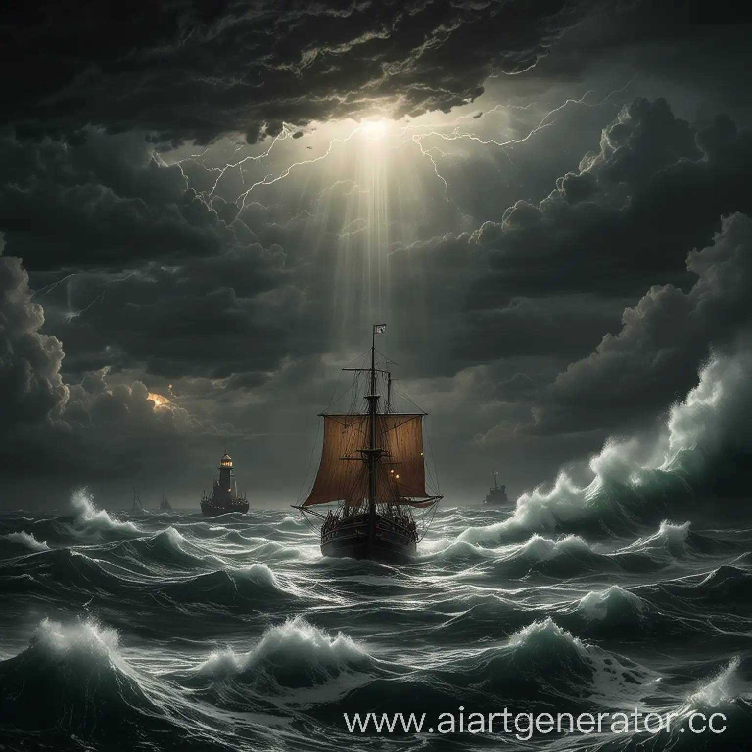 A small boat or ship in the distance, struggling to stay afloat in the stormy seas, with the beacon's light serving as a guiding force to help them reach safety.