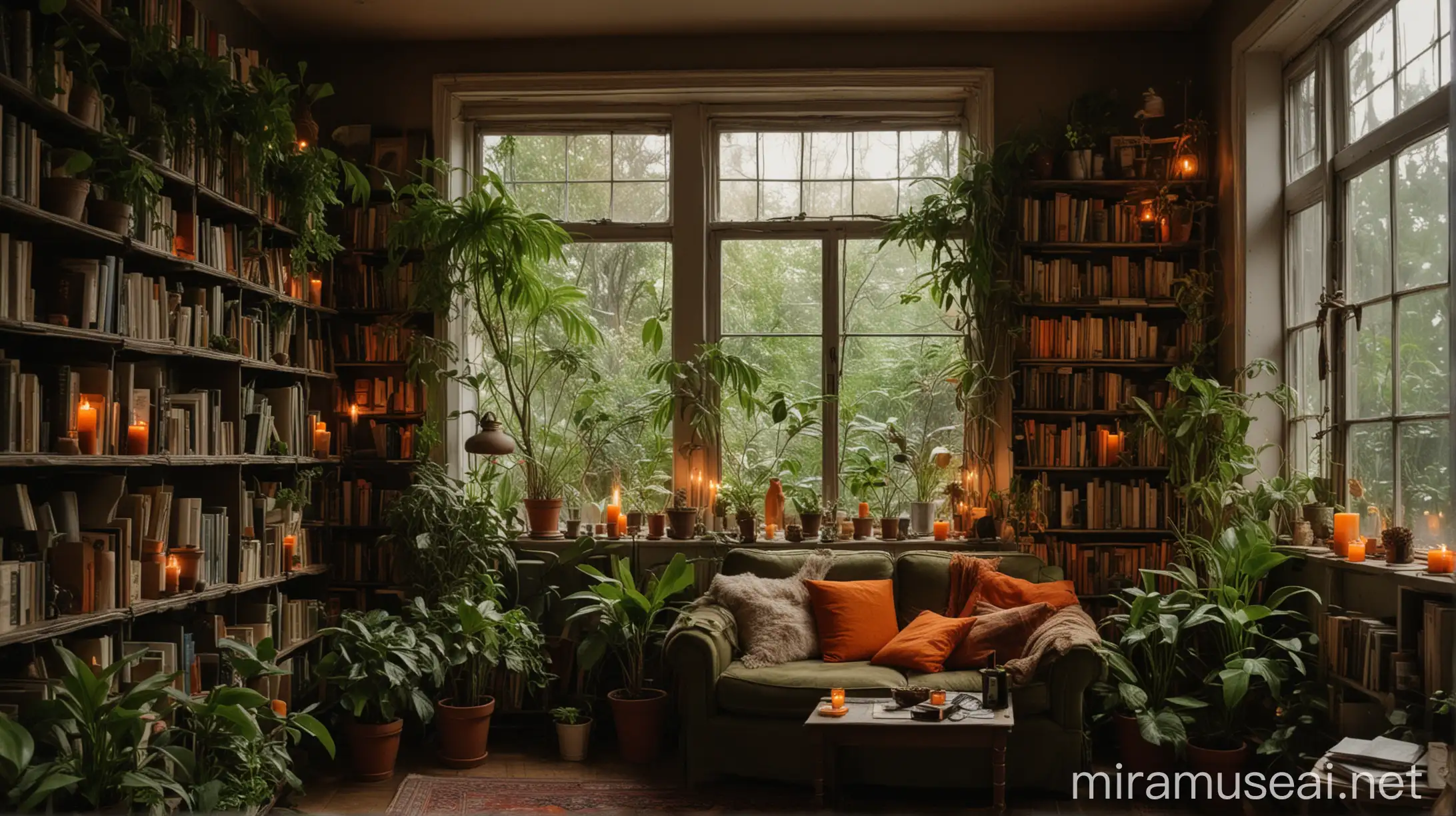 can you make a old vibe library with plants, lots of green, orange candle  light, natural light, with some older art 