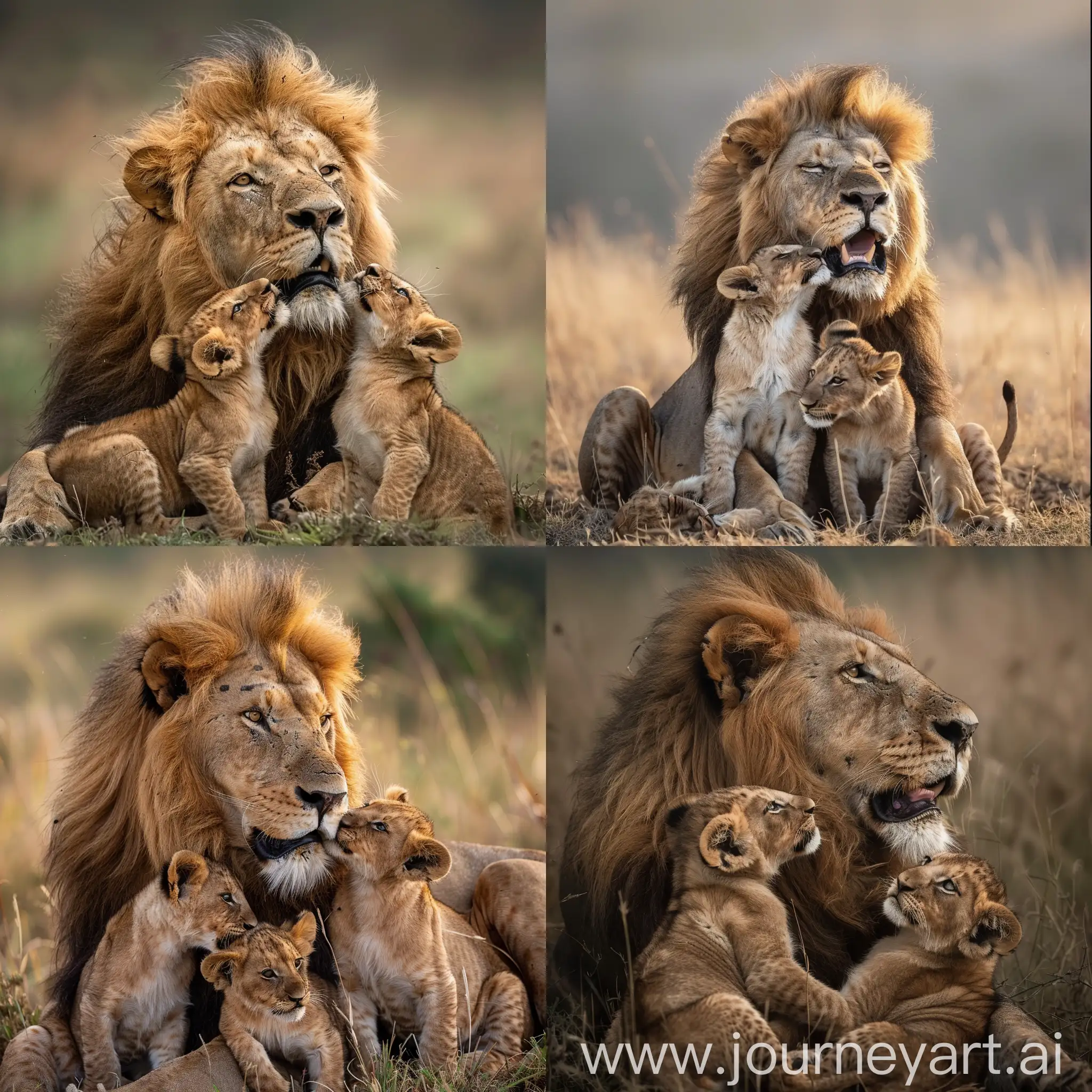 photo of a lion playing around with his cubs