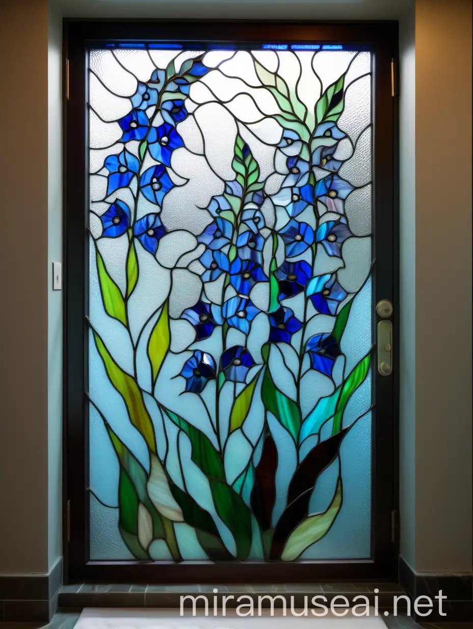 Витраж на двери в ванной ,абстрактные цветы дельфиниума из цветного стекла тиффани
