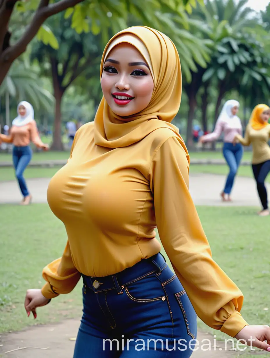 Wanita Indonesia berhijab,  wajah kampungan berbibir tebal dan sexy. Payudara besar montok. Dandanan menor.

Memakai kaus panjang ketat warna kuning emas dan celana jeans ketat. Sedang menari jaipongan, meliuk liuk di sebuah taman.