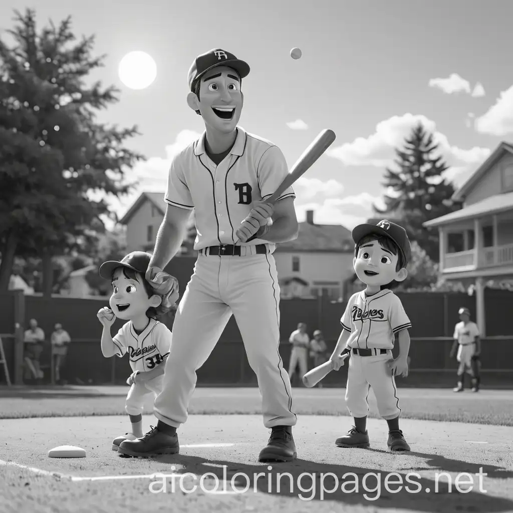 A 3D as Diney Pixar happy with full hole body Father and son playing baseball in  sunny day, Coloring Page, black and white, line art, white background, Simplicity, Ample White Space. The background of the coloring page is plain white to make it easy for young children to color within the lines. The outlines of all the subjects are easy to distinguish, making it simple for kids to color without too much difficulty