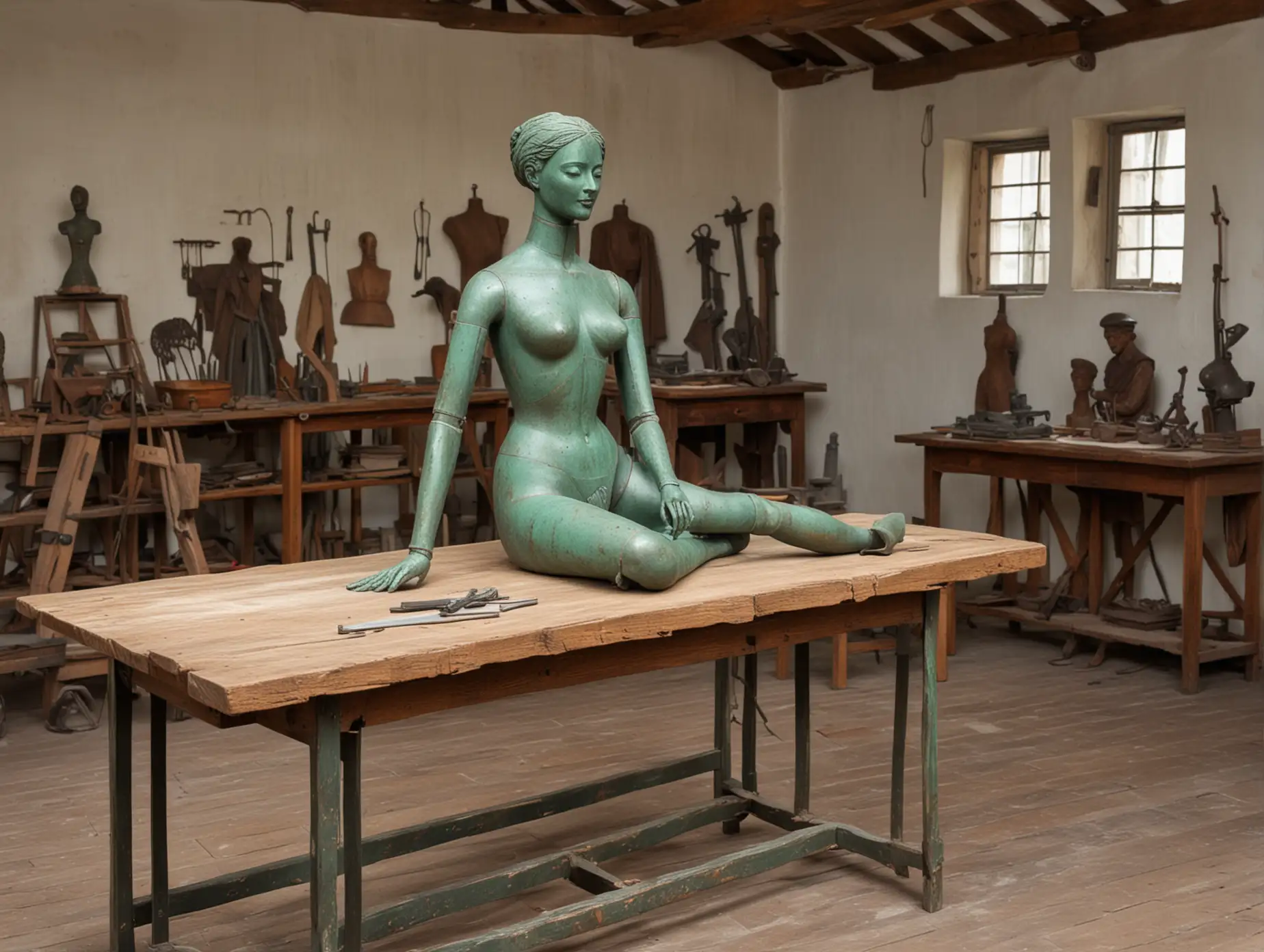 16th century workshop interior with a large half-constructed female green patina metal mannequin lying on a wooden table
