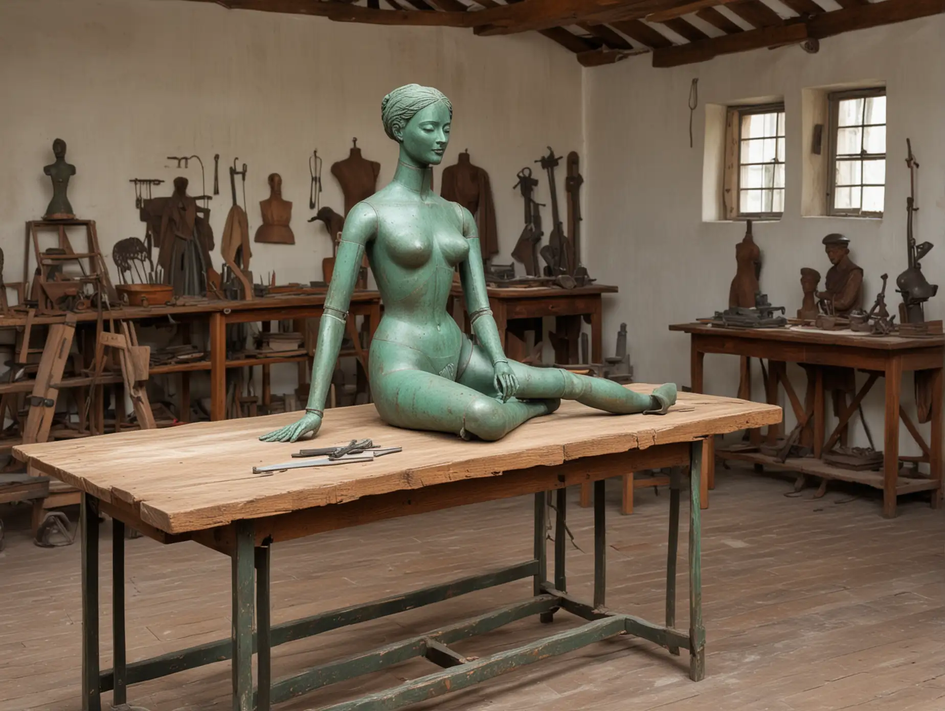 16th century workshop interior with a large half-constucted female green patina metal mannequin lying on a wooden table