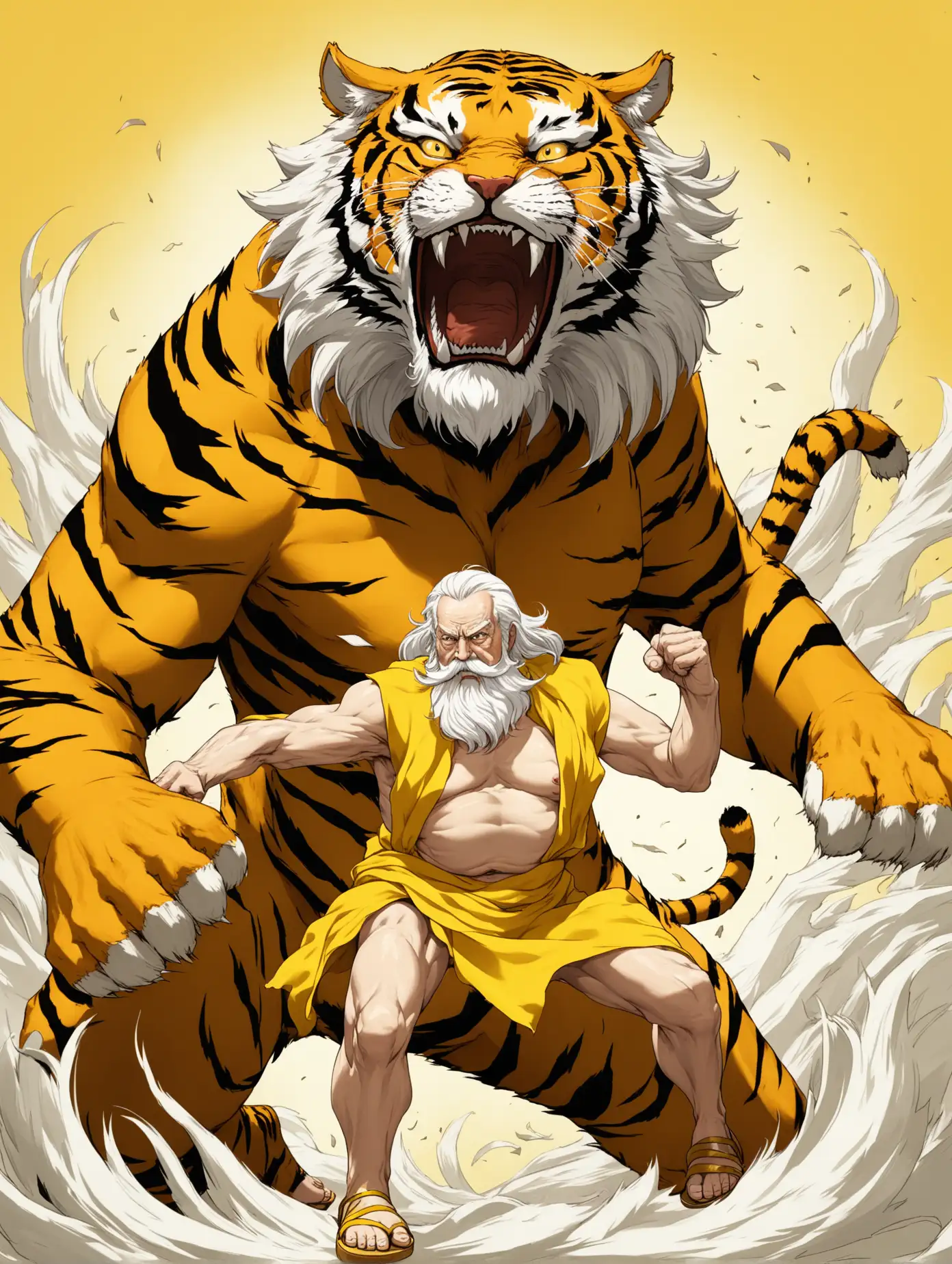 a 70 year old man. long white hair, white beard and moustache, bare chested, wearing a long yellow cloth, yellow sandals, fighting against a giant tiger. yellow backround