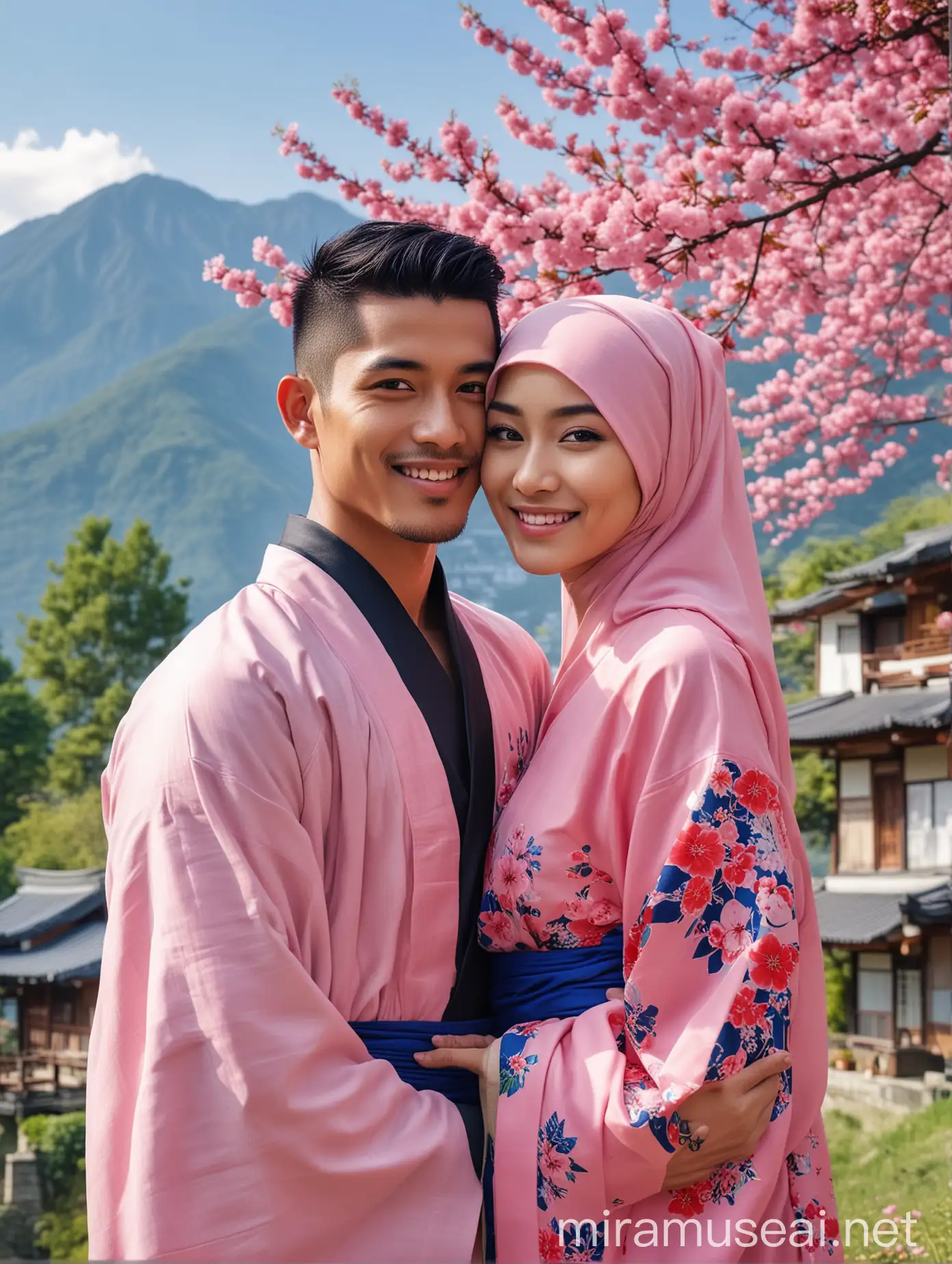 Romantic Indonesian Couples in Traditional Kimono with Cherry Blossom Background