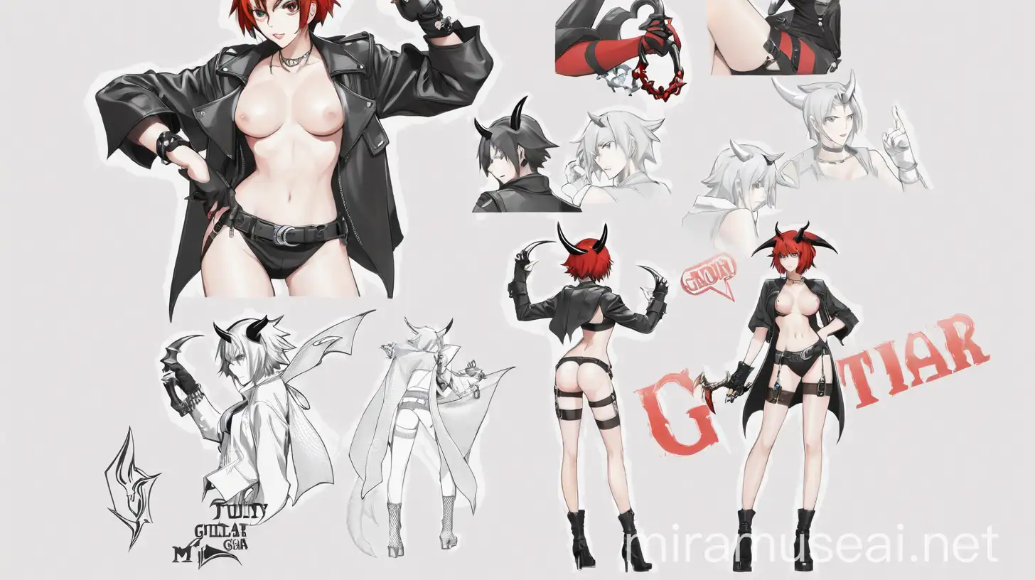 Guilty Gear, character reference sheet, body back and forth, face expressions, accesories, female, red short bob hair, demon black horns, demon tail, slender body, small breasts, wearing a leather coat, black top, short pants, fishnet thigh-high socks, black highheels boots.