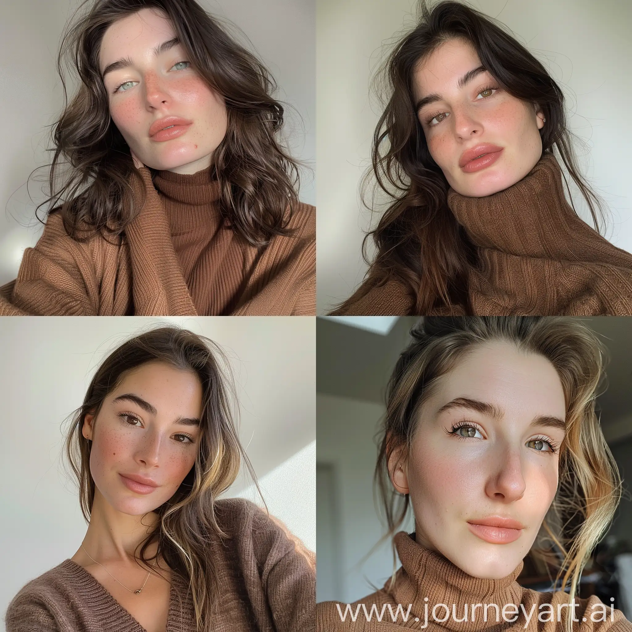 Aesthetic instagram selfie of a Elementary School teacher, woman, super model face, soft brown clothing color tones--ar 9:16