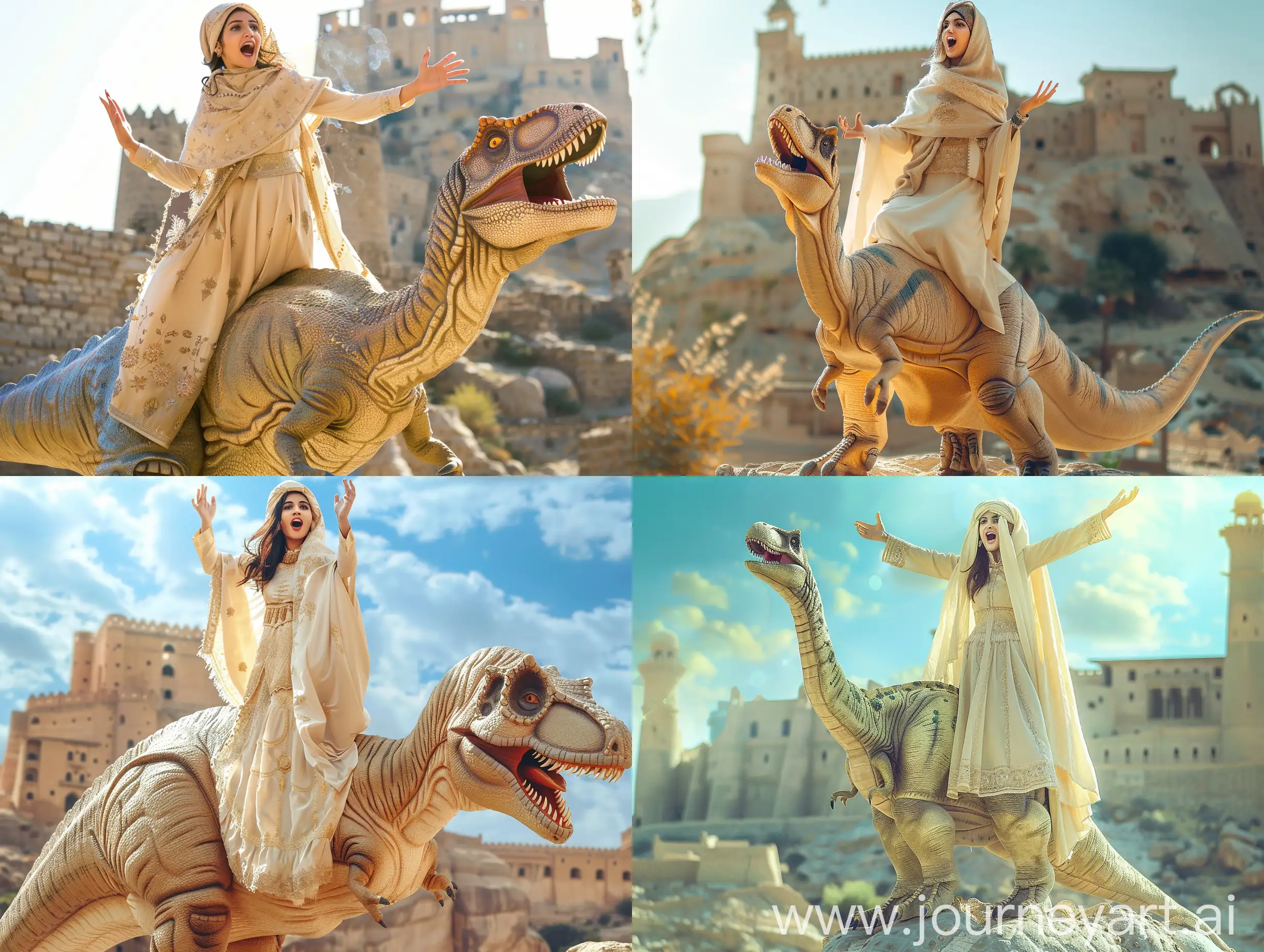 A beautiful young Persian woman in a traditional cream dress and a cream shawl on her head is standing on top of a plump dinosaur in front of the castle in the Bam citadel of the Persian Empire, shouting solemnly and calling the king of the city. Make me a real HD photo with fine details and sunny lighting, great quality Make me a real photo with fine details and midday light