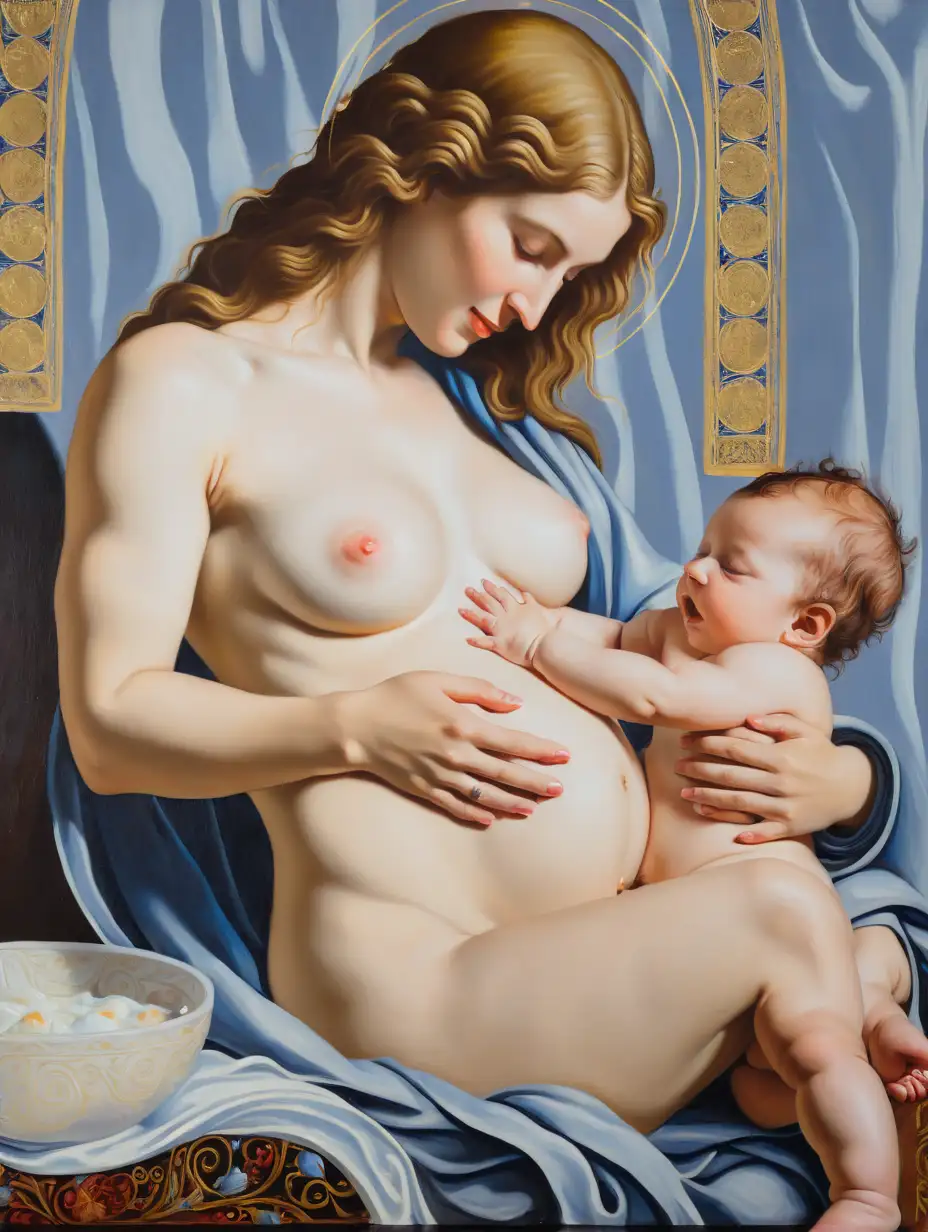 Holy virgin  breastfeeding her baby. 
acrylic painting ; renaissance style 
Tétée ; seins nus, auréoles, sainteté, joie profonde, érotisme seins nus
