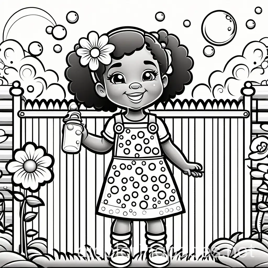 African American character toddler girl happy smiling curly pigtails blowing bubbles flowers that are growing on a garden gate add large flowers coloring page, Coloring Page, black and white, line art, white background, Simplicity, Ample White Space. The background of the coloring page is plain white to make it easy for young children to color within the lines. The outlines of all the subjects are easy to distinguish, making it simple for kids to color without too much difficulty