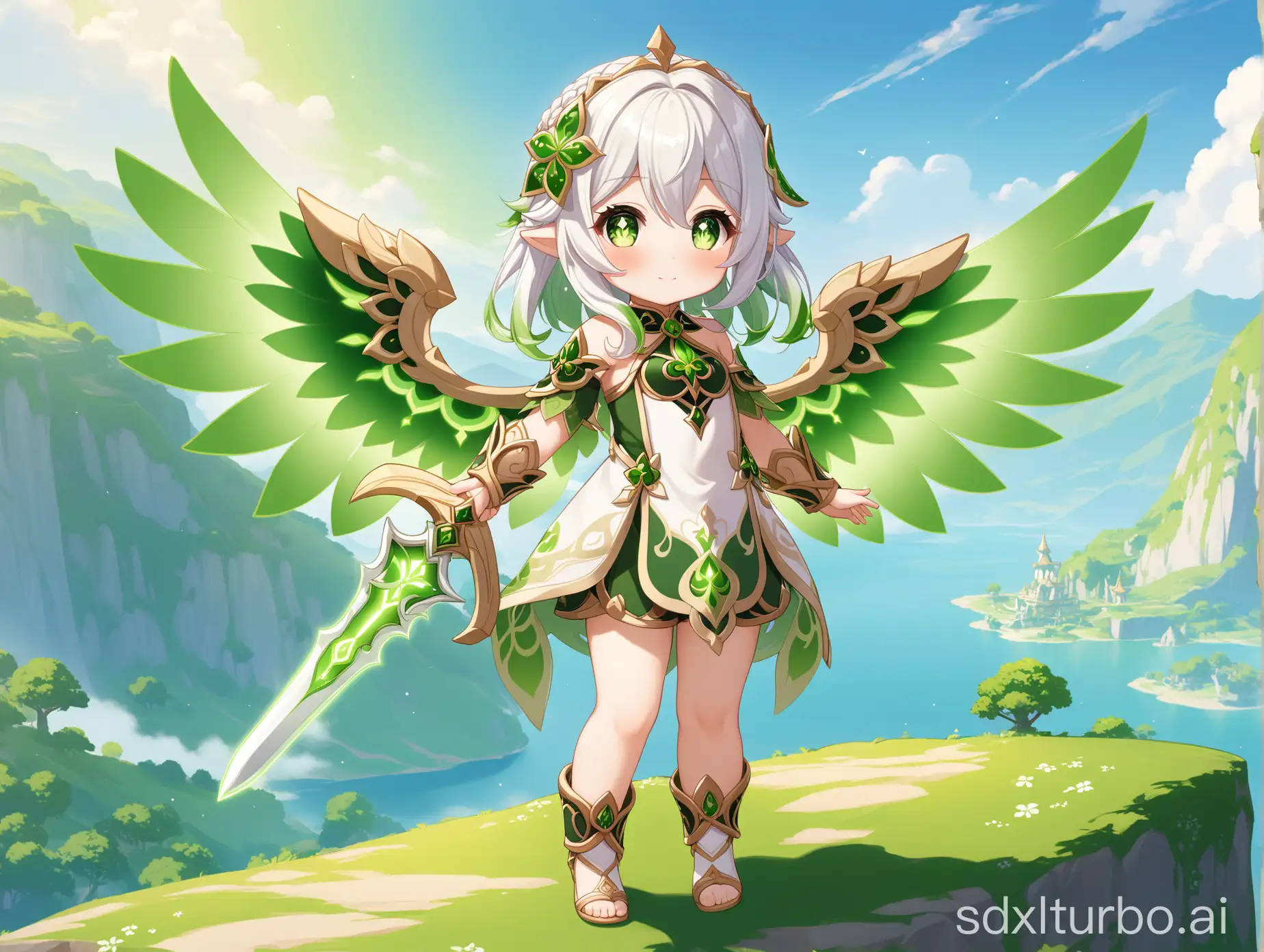 1 girl, Nahida \(genshin Impact\) , Genshin Impact, loli, stands on the mountain, straight stance, angel with green wings behind, hand is raised and holds a green sword, looking to the right  <lora:LECO_LessChibiAndDollsXL:-1.5> good anatomy, natural fingers, best quality, masterpiece rating: general <lora:sdxl2-flat2-512b:-0.5>