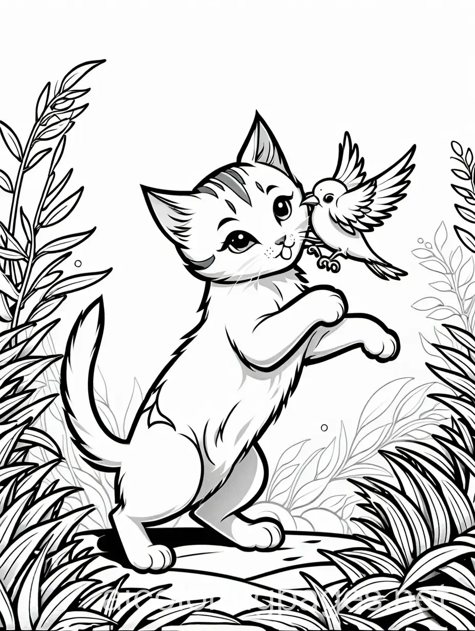 A kitten wrestling a bird., Coloring Page, black and white, line art, white background, Simplicity, Ample White Space. The background of the coloring page is plain white to make it easy for young children to color within the lines. The outlines of all the subjects are easy to distinguish, making it simple for kids to color without too much difficulty