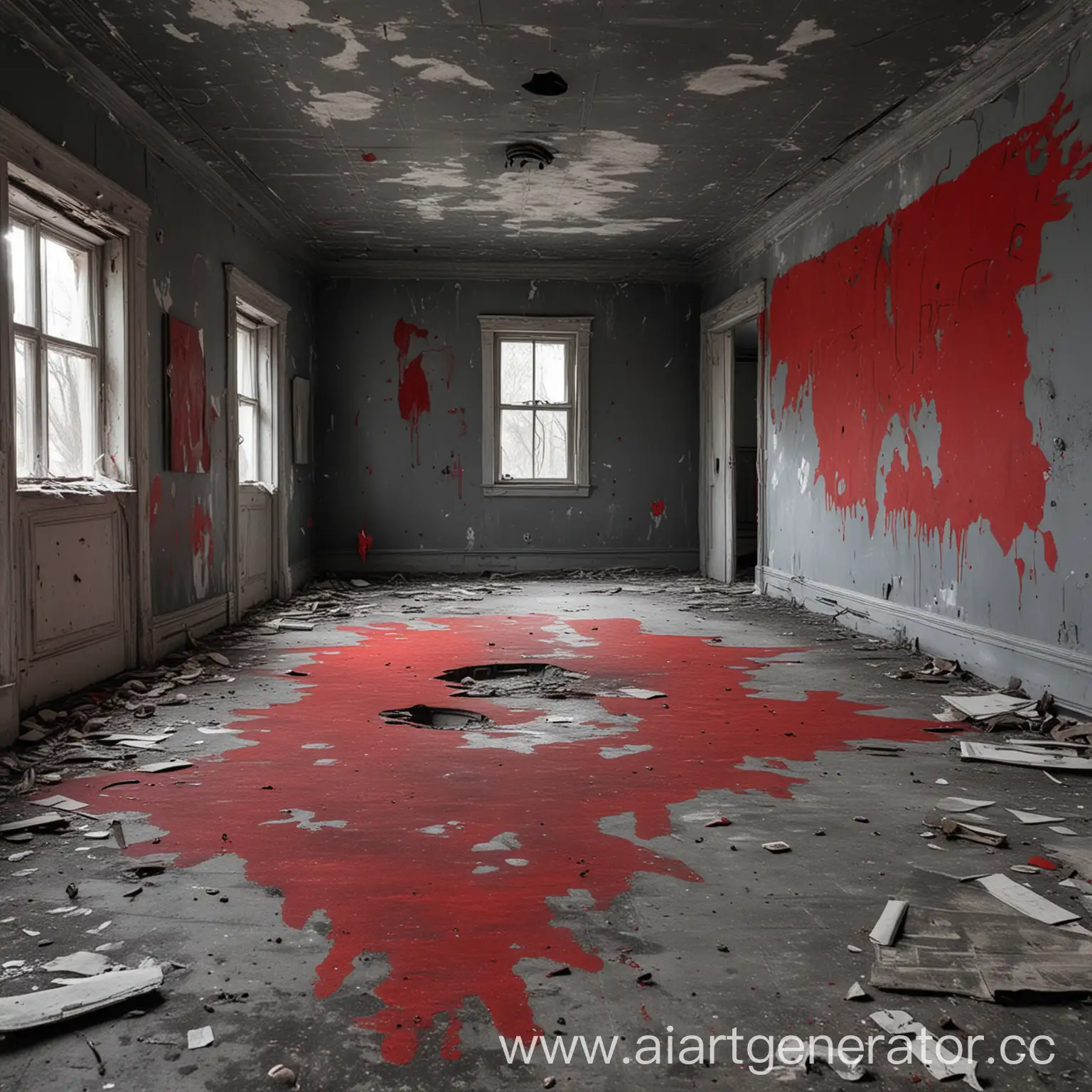 темная серая комната в заброшенном доме с дырой в полу с детскими рисунками на стенах которые зарисованы красной краской 