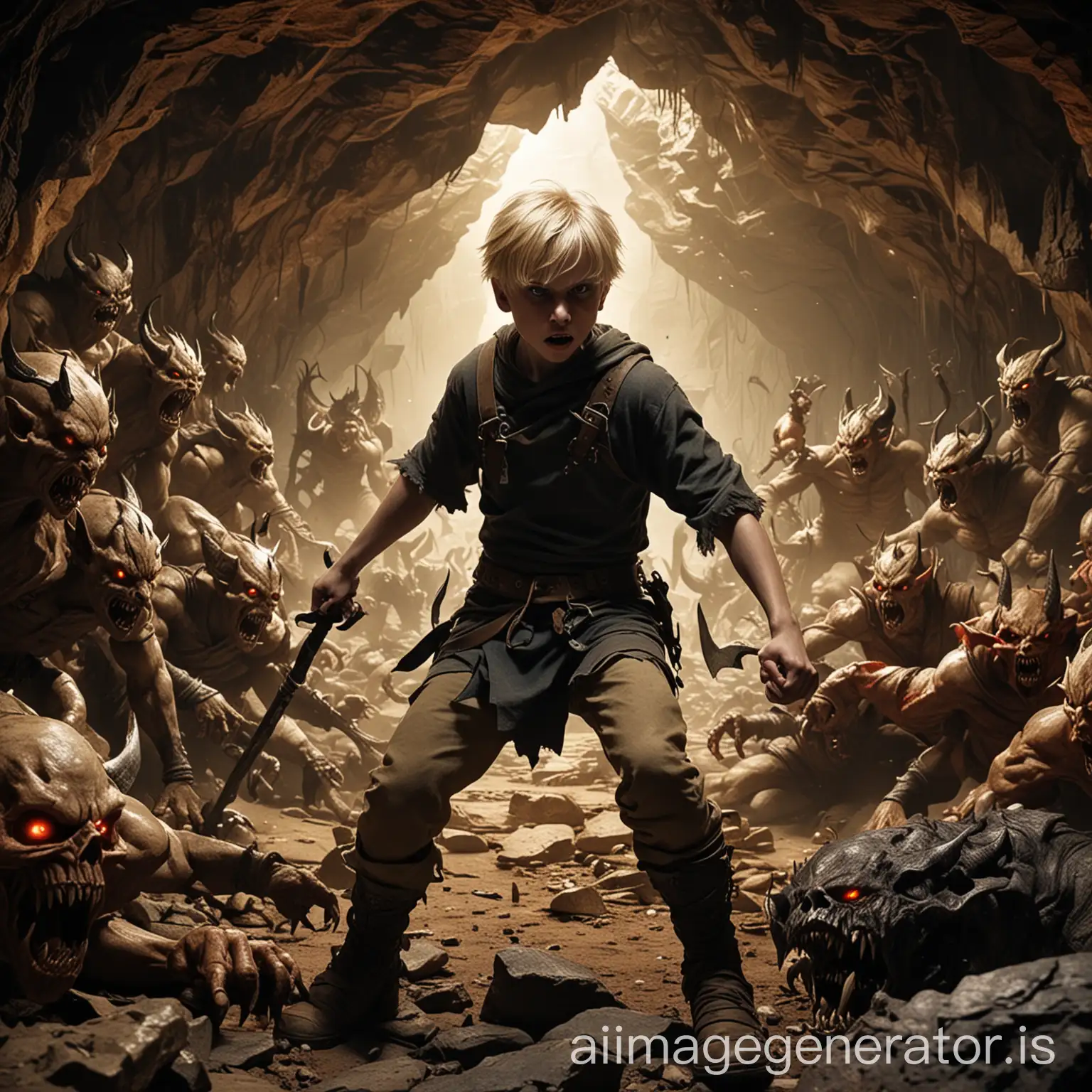 a 13 year old blonde boy in a deep, demonic cave fighting a demon army