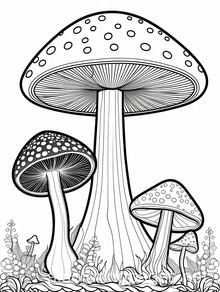 Advanced trippy mushroom, Coloring Page, black and white, line art, white background, Simplicity, Ample White Space. The background of the coloring page is plain white to make it easy for young children to color within the lines. The outlines of all the subjects are easy to distinguish, making it simple for kids to color without too much difficulty