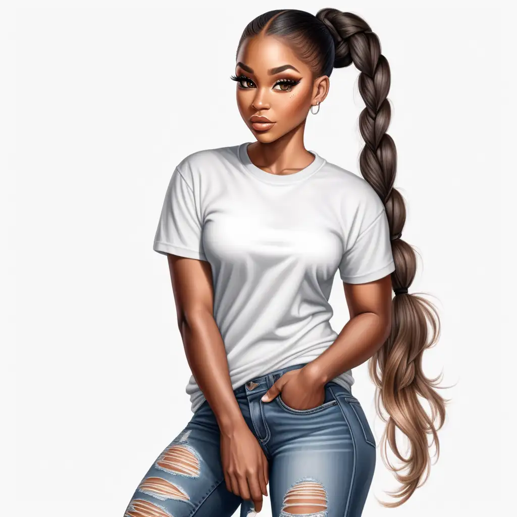 Envision a hyper-realistic  portrayal featuring a gorgeous, caramel- skinned,  black woman, this depiction showcases her entire body with impeccable makeup, long lashes, and eye-catching pony tail , Dressed in a white t-shirt , she pairs it with ripped jeans, transparent background 