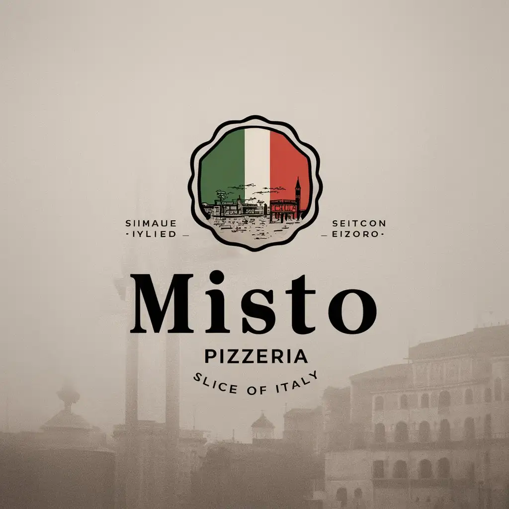 Misto Pizzeria, Emblem, Badge, Minimal, typography logo, Ornament, White background, EST 2024 , Italy flag, Slogan Slice of Italy , Sketched Italian City, Old School, Foggy atmosphere