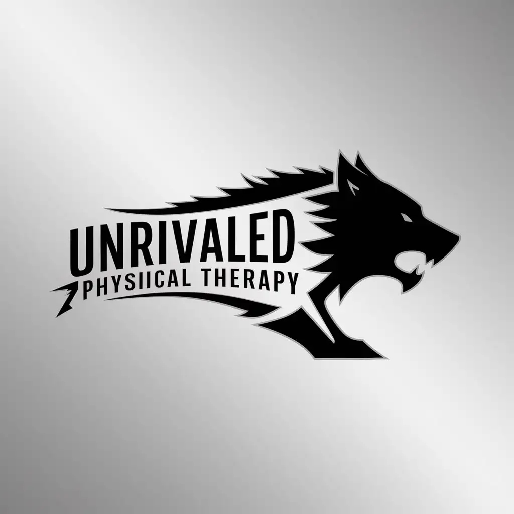 a logo design,with the text "UNRIVALED Physical Therapy", main symbol:. this logo should include a wolf with logo text. preferred color is black. must be a white background,Moderate,clear background