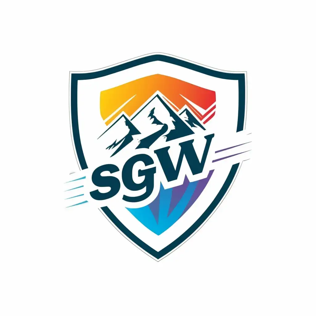 a logo design,with the text "sgw", main symbol:colorful shield with mountain, cursive alphabet, white background,Minimalistic,be used in Travel industry,clear background