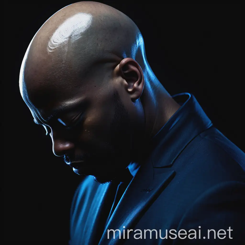 Dark, midnight-blue image of a bald black man with his head bowed and eyes closed.