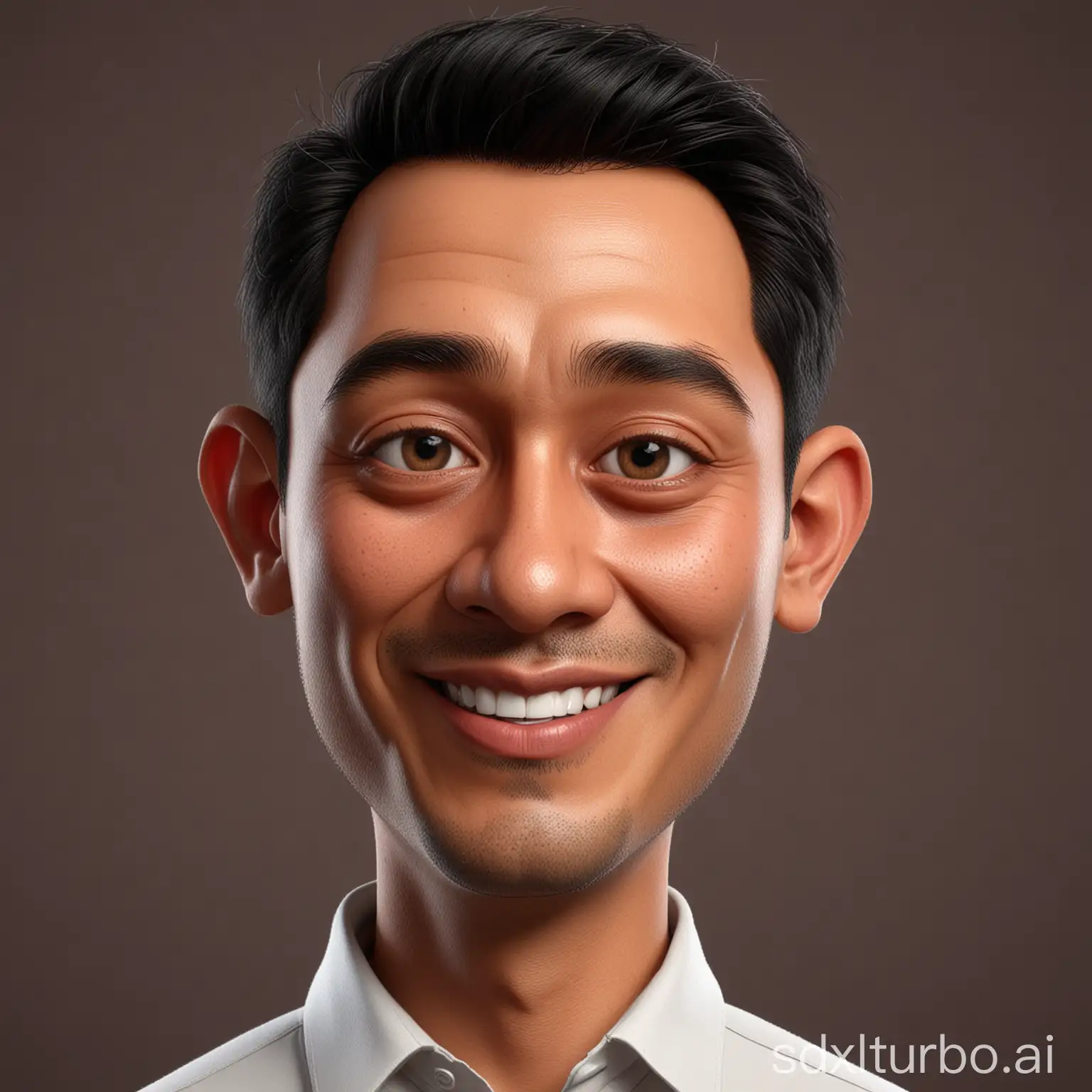 Create a caricature 3D realistic Cartoon art style with a big head. A 40 year old Indonesian man. Tall, slightly thin body, oval face shape. Oval chin, handsome, slightly round eyes, clean white skin, faint smile. Black hair with a side part. Wearing a white shirt. Body position is clearly visible. Red background. Use soft photography lighting, hair lighting, top lighting, side lighting. Highest quality photos.