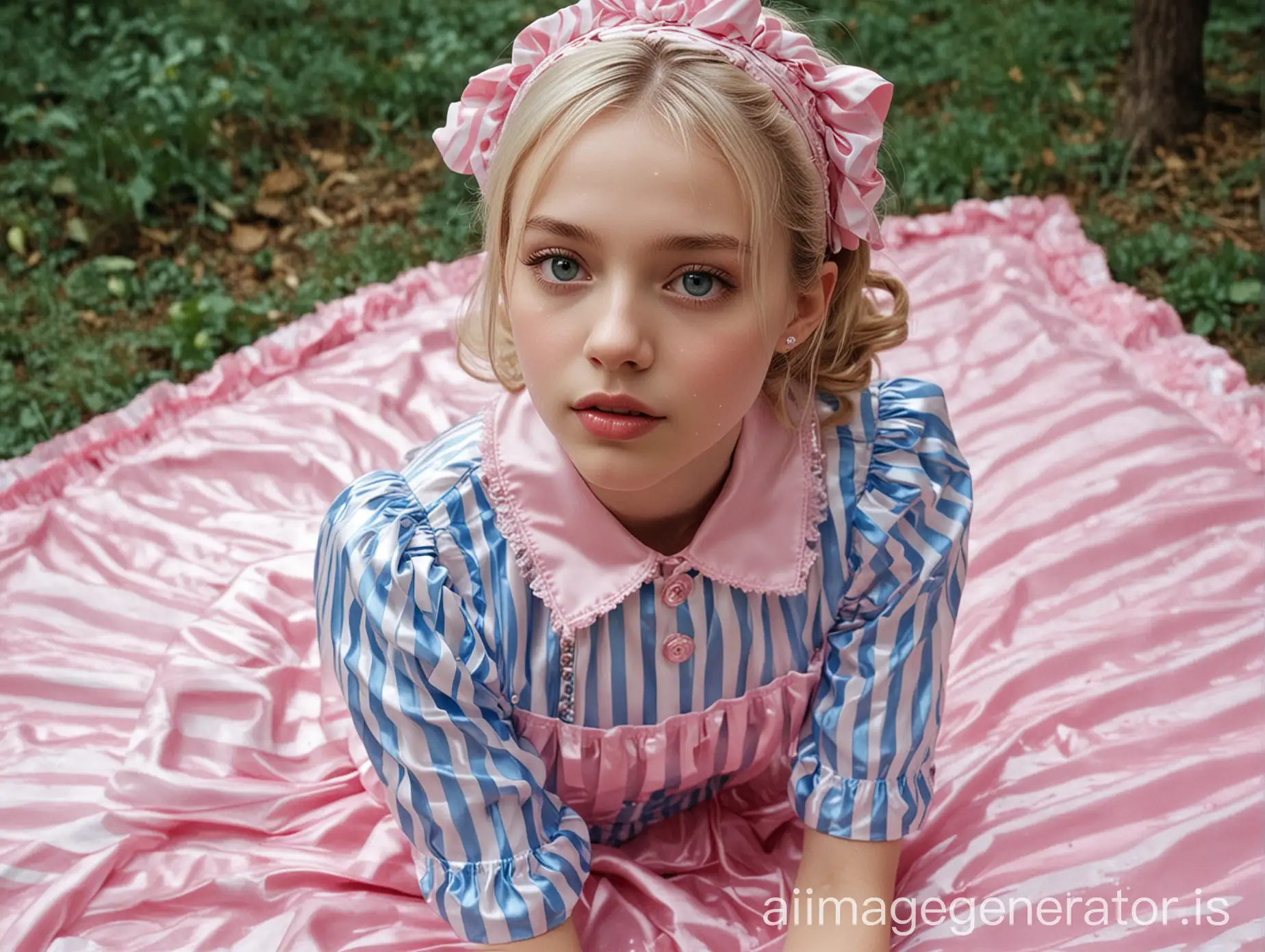 hyperrealistic image. highest quality. french girl on her tenth birthday. very skinny, very white skin. wearing a sweet lolita outfit. collared and closed very high. it is striped in blue and pink and made of the shiniest satin. over the dress she wears a shiny latex apron. the girl is lying on a satin sheet alone in the forest in a heavy summer rain. face and clothes are already wet by the rain. mouth wide open. lips very shiny by the shinest lipgloss. she wears not any jewellery