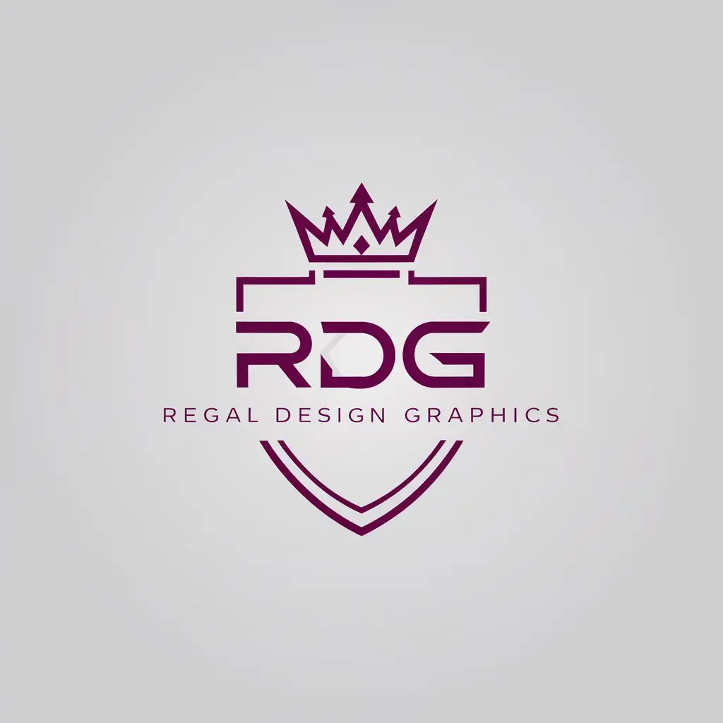 a logo design,with the text "RDG", main symbol:shield; write RDG within the shield in purple in a sleek, futuristic font; write Regal Design Graphics in a sleek, futuristic font on the bottom of the shield and a crown on top of the shield,Minimalistic,be used in Others industry,clear background