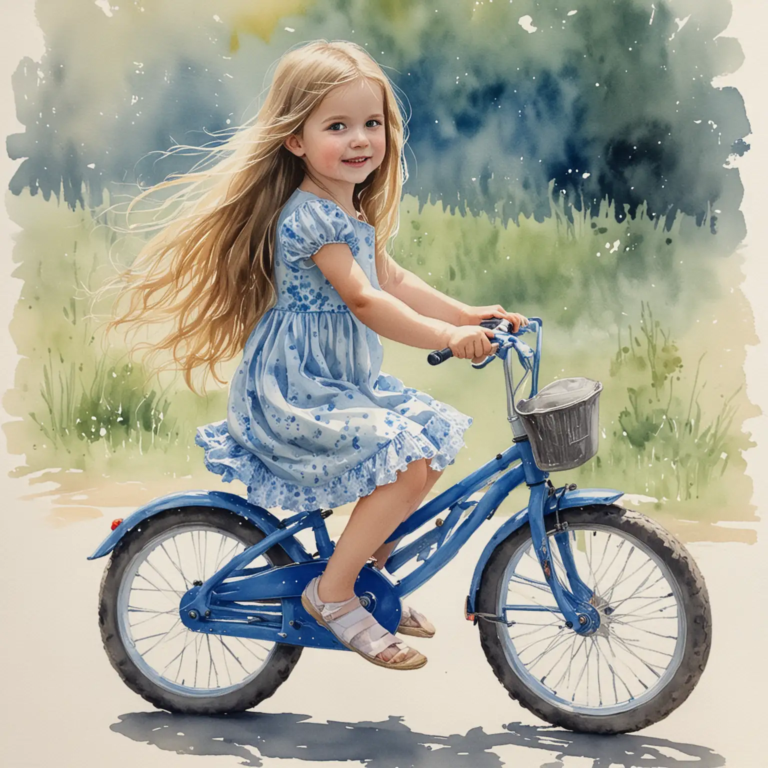 Watercolor Painting of a Girl Riding a Blue Bike in Flowing Dress