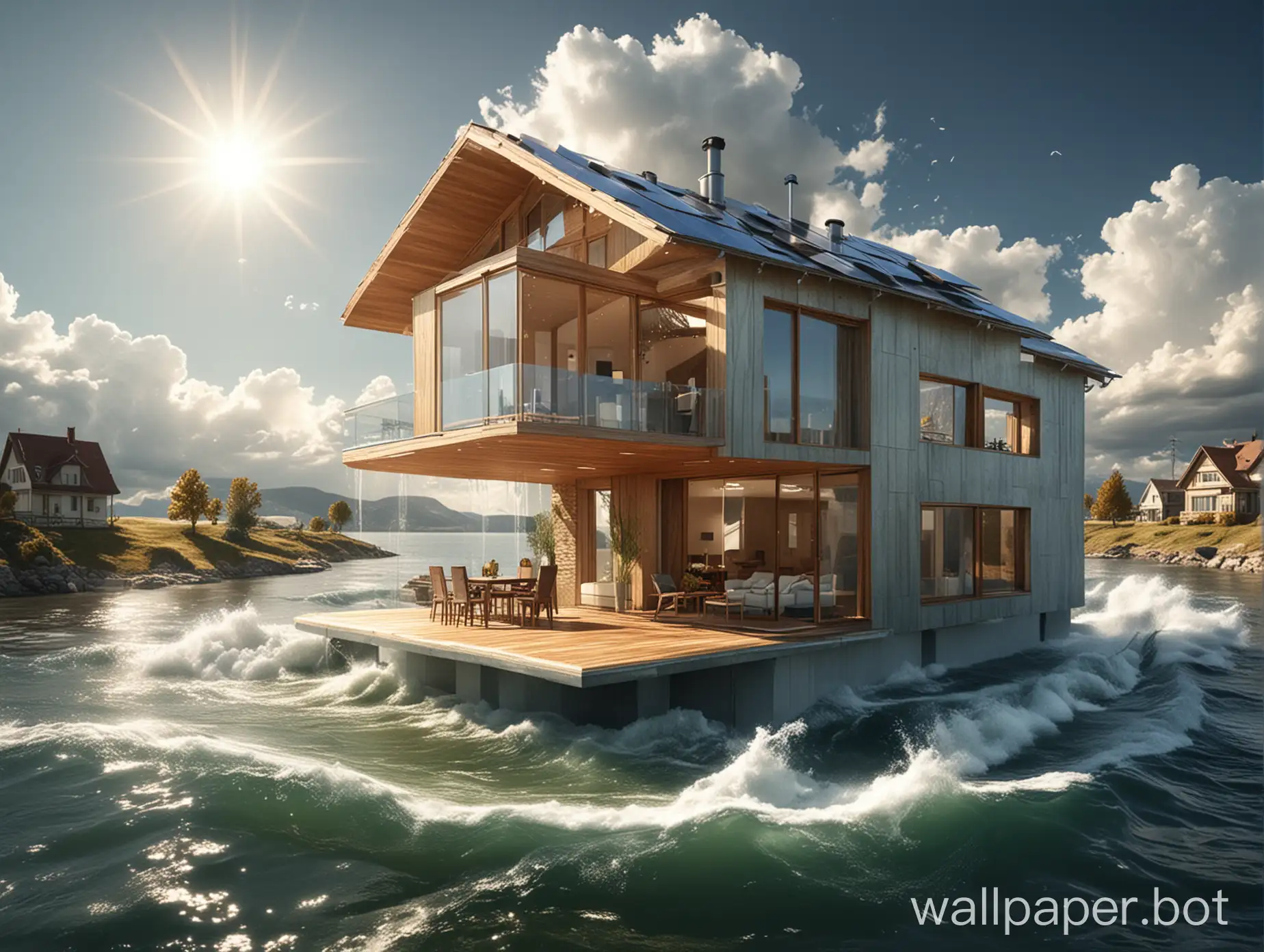 a house in the near future. Powered by the sun, wind and water. Present the house with a 3D cut, showing the buildings core. The picture is supposed to give you a feeling of a digitalized future