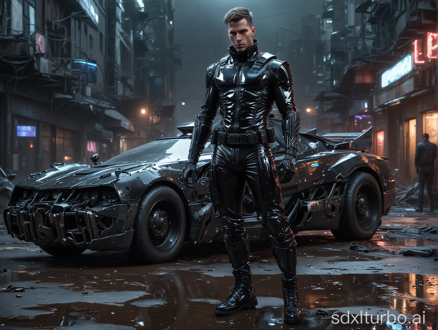 realistic hd photo, cyberpunk male police officer standing, wearing black low cut shiny pvc suit, wearing long shiny pvc gloves, wearing shiny pvc boots, in a destroyed cyberpunk city with crazy max batmobile, lit by neon