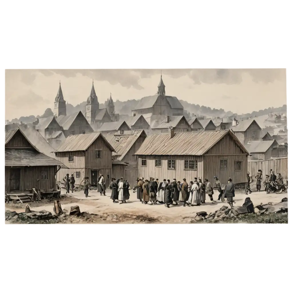 Thumbnail Image: An artistic depiction of a shtetl village scene, with traditional wooden houses, a synagogue in the background, and a group of Jewish figures engaging in various activities like studying, conversing, and working. The image should evoke a sense of historical authenticity and cultural richness, drawing viewers into the story of Jewish life in Eastern Europe. Additionally, incorporating elements such as sepia tones or vintage textures can enhance the nostalgic feel of the thumbnail.