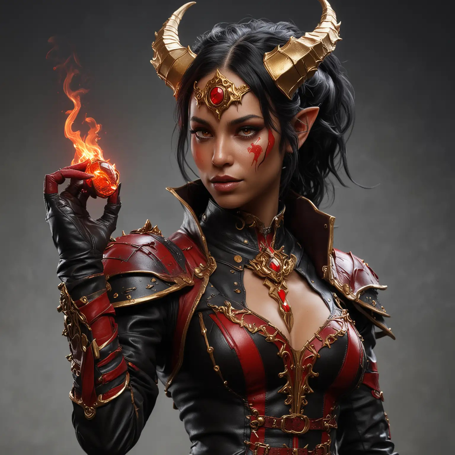 Female red tiefling sorcerer with black hair and red stripe and red skin ,dragon like horns at the side of her head ,with a golden metal glove withab red glowing gem imbeded on the back of the hand wearing black and red leather sorcerer outfit with a red streak in her hair and manipulating gold fire 