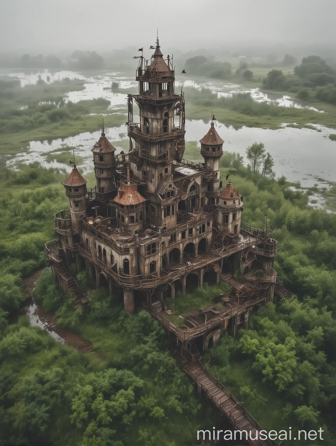 ruins of a steampunk castle on the verge of wetlands, cloudy, fog, rain, bird's eye view