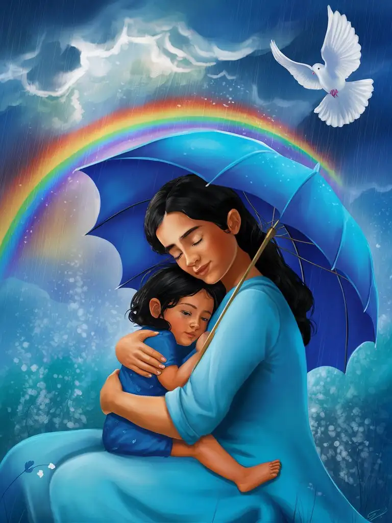 heartwarming digital painting depicting a beautiful Hispanic mother and her child seeking comfort under a bright blue umbrella during a storm. Both figures are dressed in calming shades of blue, adding to the sense of unity and protection. Above them, a radiant rainbow shines through the turbulent clouds, symbolizing hope and resilience. A peaceful dove gracefully glides across the sky, bringing a feeling of tranquility and peace to the scene. The imagery of the blue hues, coupled with the symbols of hope and peace, creates a soothing and reassuring atmosphere in this touching moment of maternal love and solace.