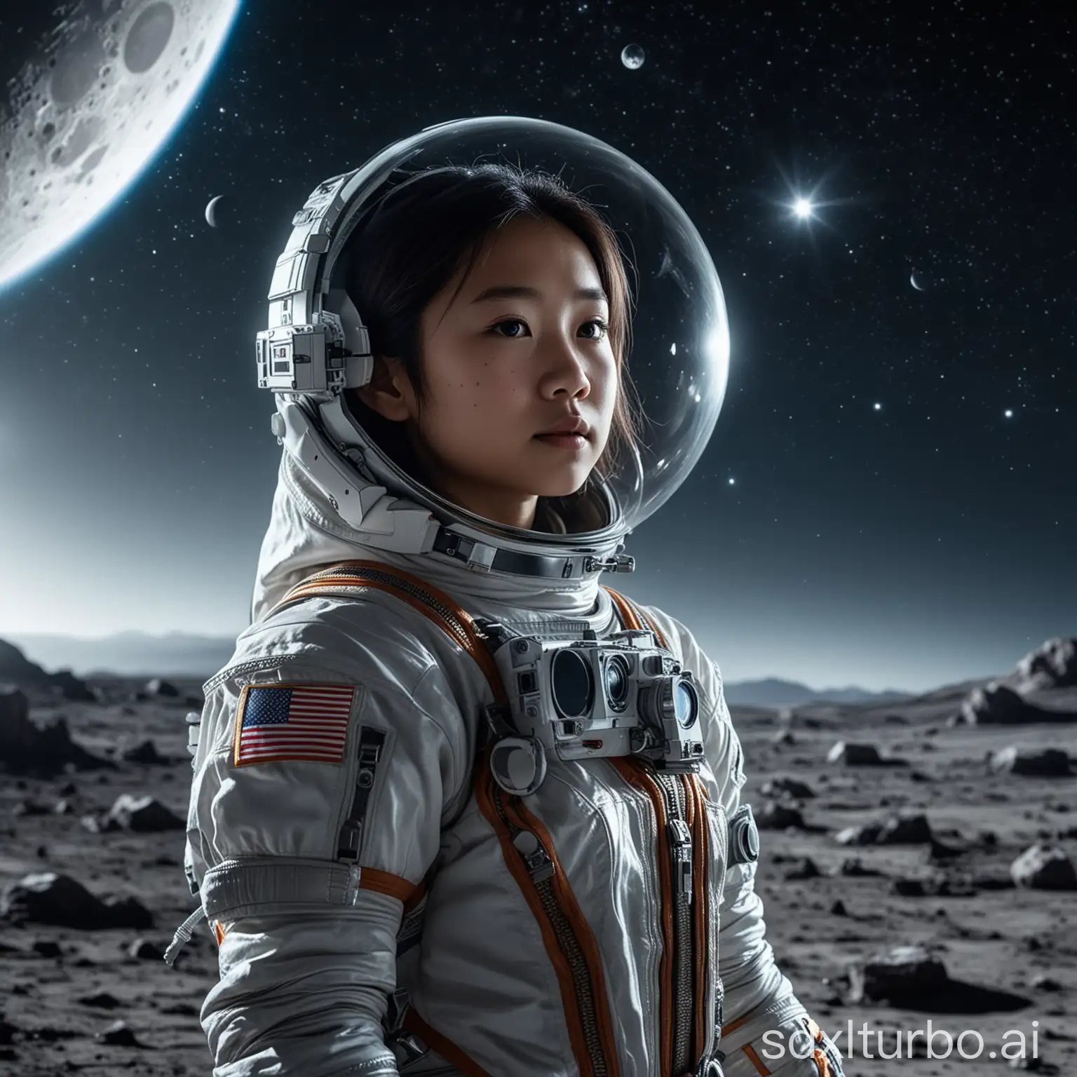 A young Asian girl stands on the moon in space, wearing a spacesuit and a transparent glass sphere on her head, with a satellite beside her, equipped with an 8k, professional-grade camera lens. There are many stars in the night sky, and the light is bright.