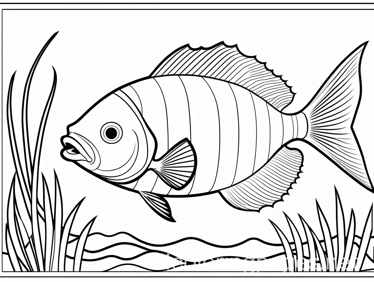Coloring board for kids with fish 1080x720px dimension, Coloring Page, black and white, line art, white background, Simplicity, Ample White Space. The background of the coloring page is plain white to make it easy for young children to color within the lines. The outlines of all the subjects are easy to distinguish, making it simple for kids to color without too much difficulty