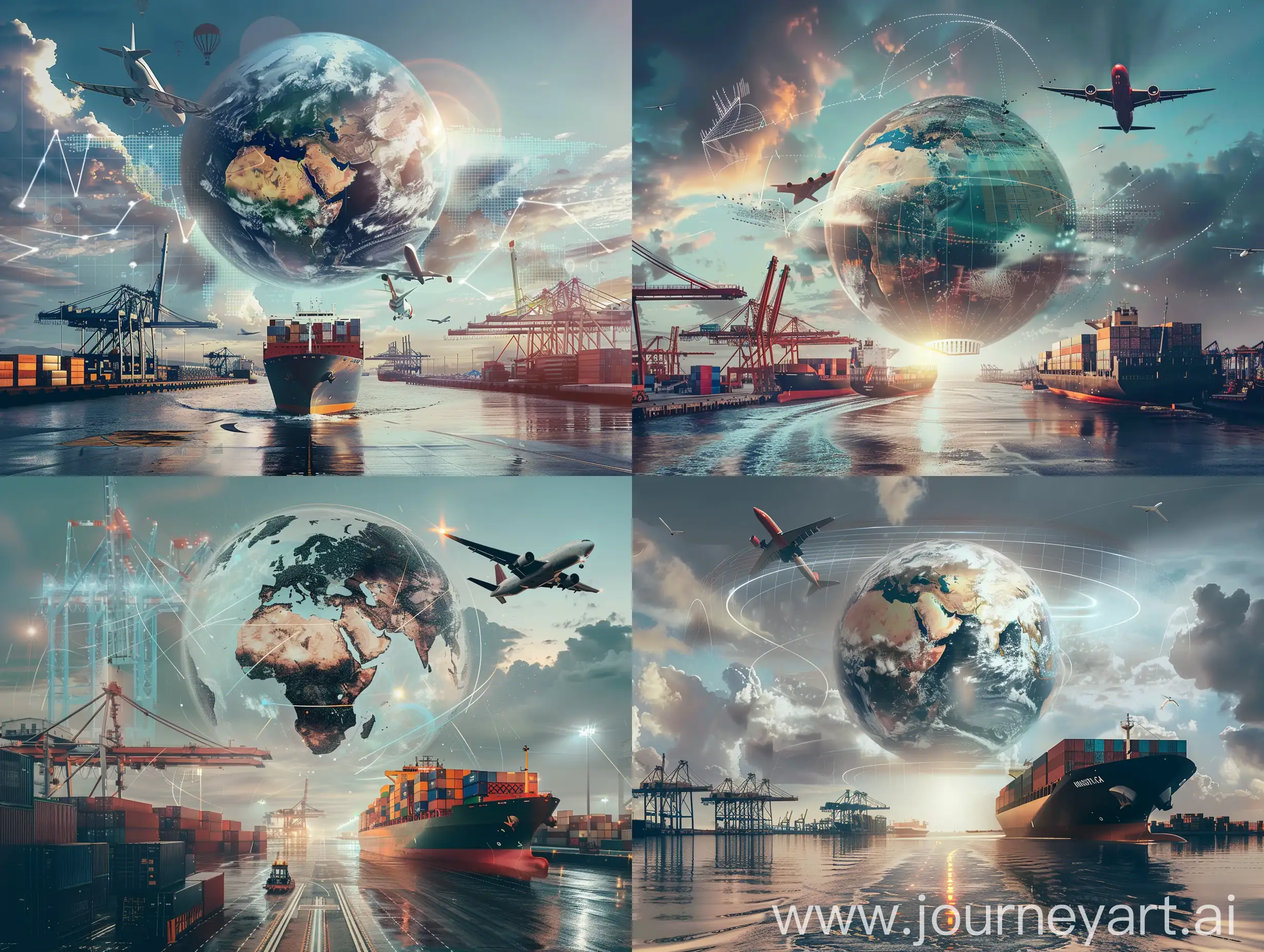 an import/export company realistic photo edit. Port scene, a big transparent globe with trade lines in the background, big airplane flying around the globe, big cargo ship on the occean and containers along with port equipments on the ground. Make it ultra realistic and blend everything seamlessly. 