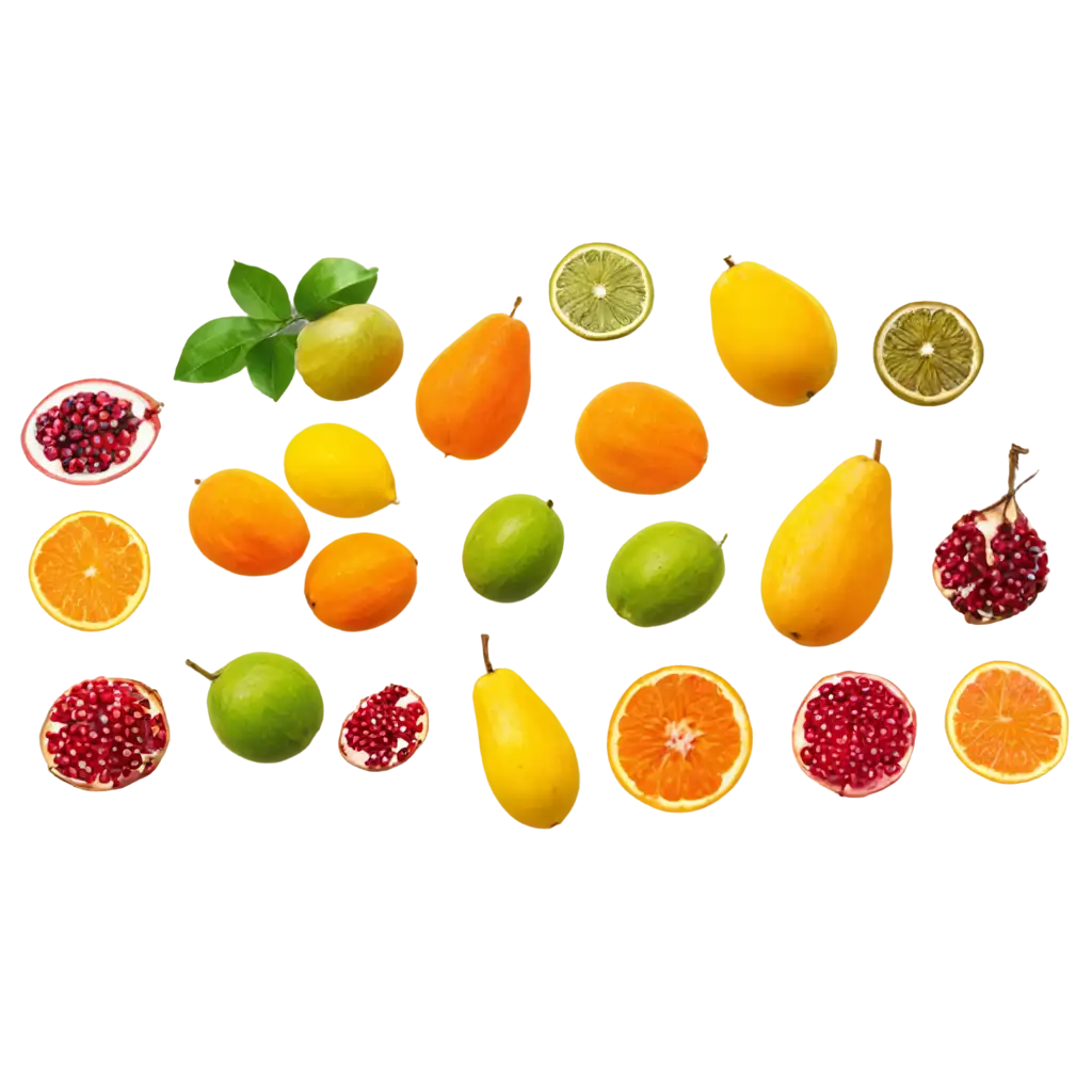 muchas frutas frescas, mangos, maracuyá, frutos rojos, mandarina, granada, carambolo y flores de cempasúchil