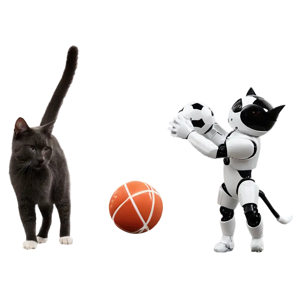Playful-Cat-Engages-in-Soccer-Match-with-Robot-Captivating-PNG-Image