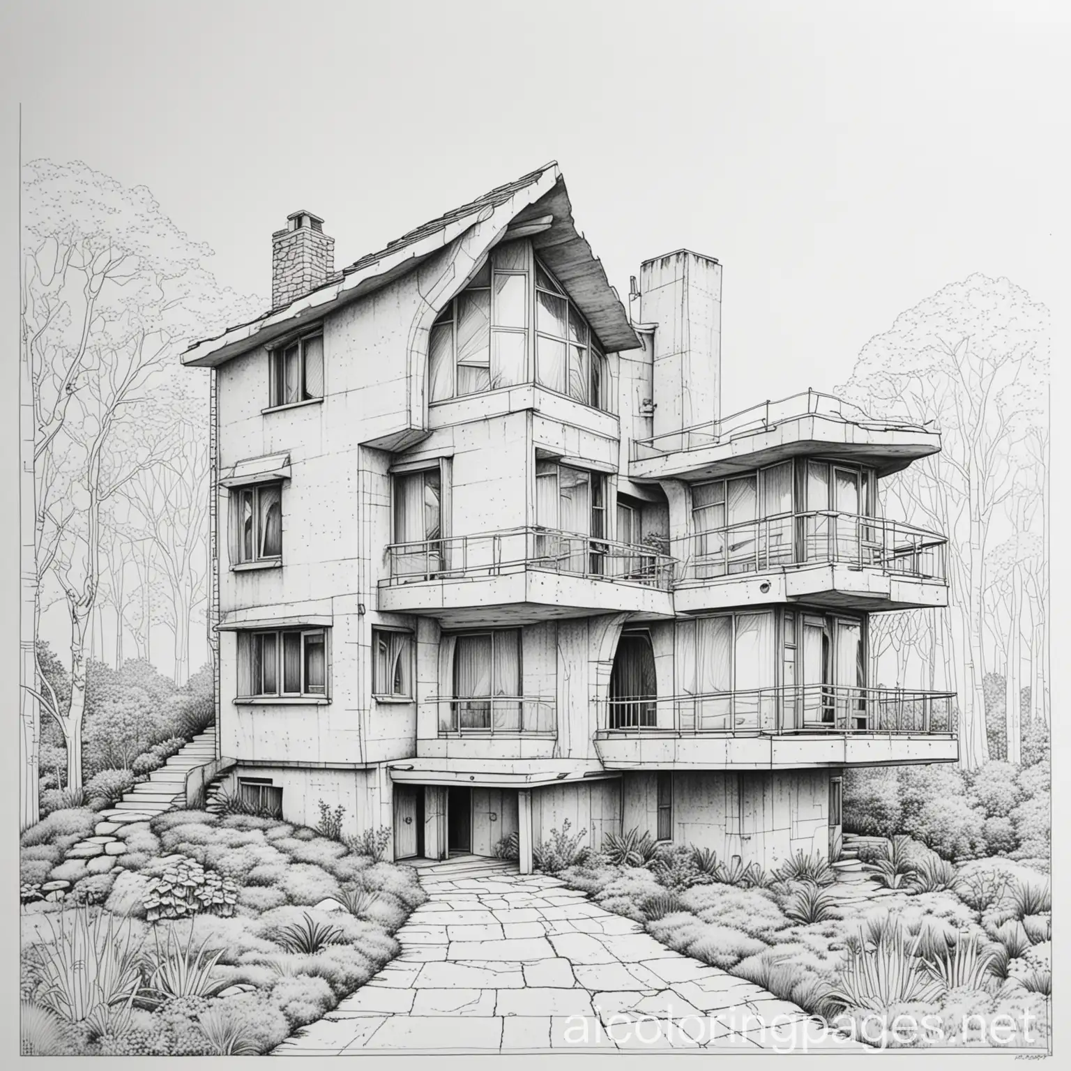 Fairytale-Brutalist-House-Coloring-Page-Black-and-White-Line-Art-for-Kids