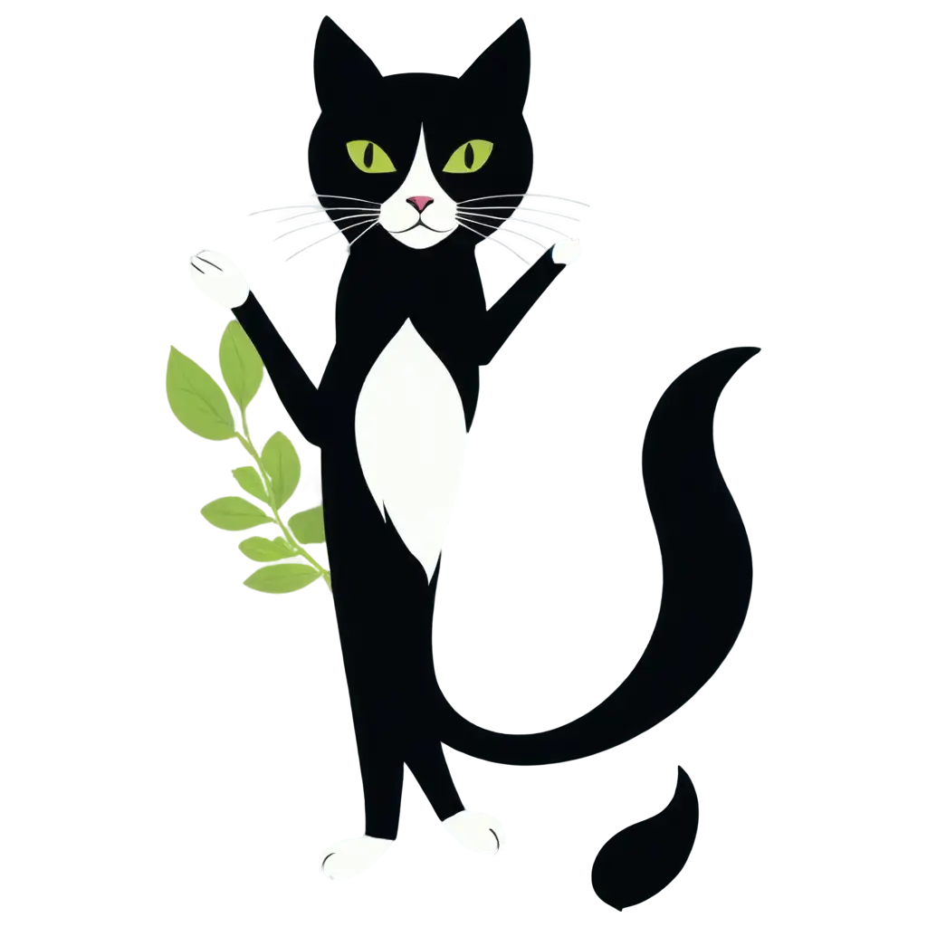 A stunning illustration of a black and white cat in a mischievous yet elegant pose. The cat's silhouette is highlighted against a background of vibrant green plants, creating a playful contrast. The overall design is sleek, with an emphasis on the feline's fluid movements and graceful curves. The illustration exudes a sense of elegance and sophistication, making it perfect for a field clinic logo or any other cat-themed design.