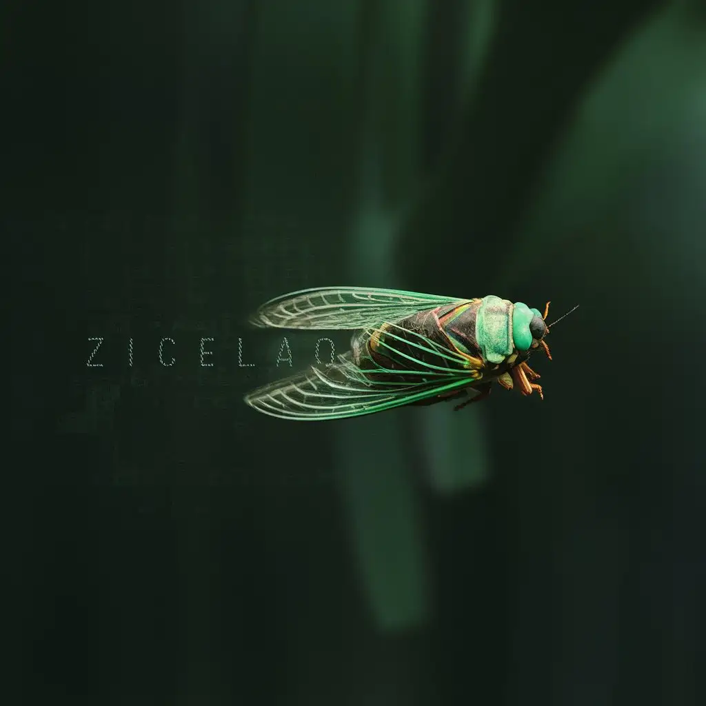 Make the cicada fly very quickly. And she had a train of text that said "Zicelaqo". Do it, these are photographs in a minimalist design. in dark green tones. To be very beautiful. And add a little mysticism. Make another hacker theme.
